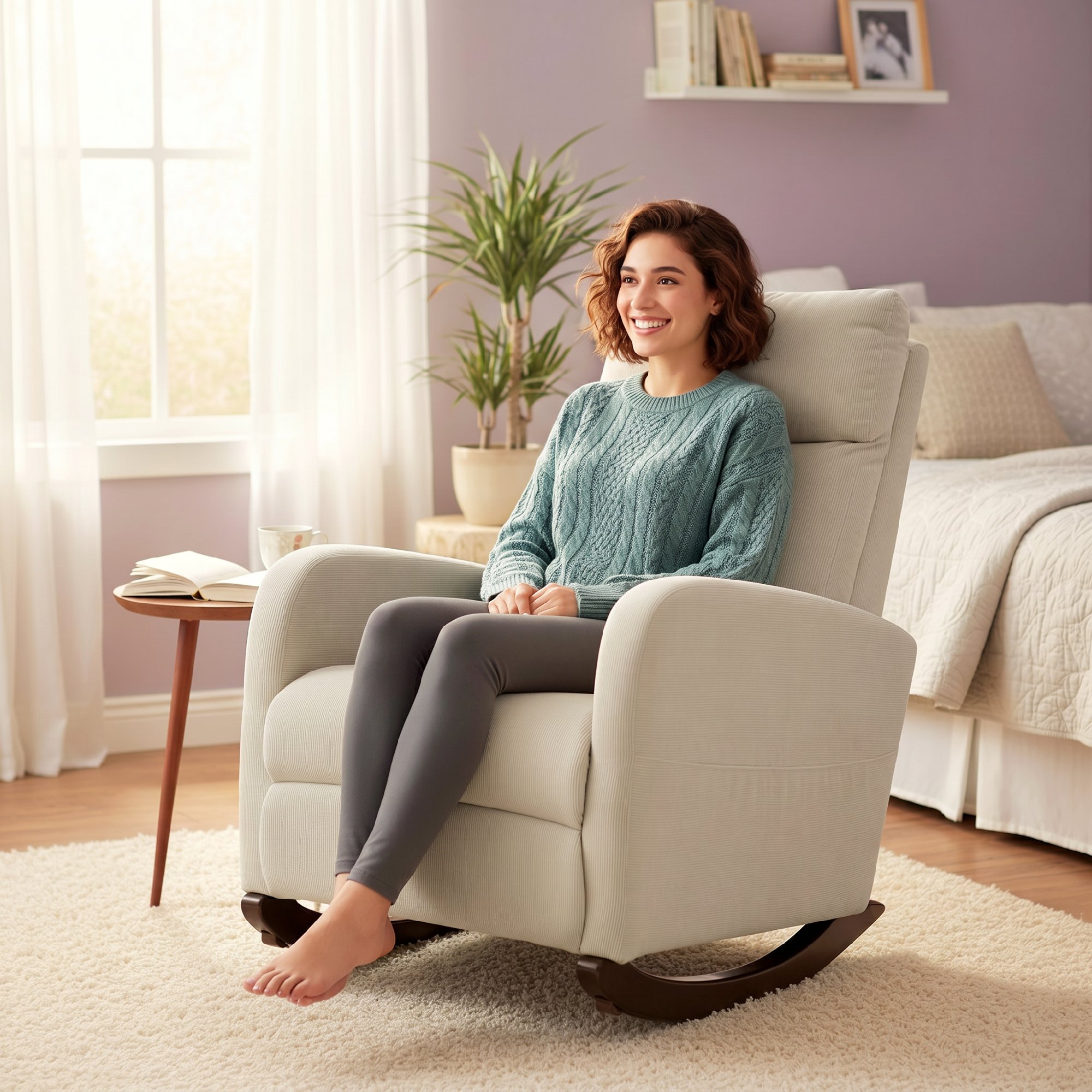 Schaukelstuhl, gepolsterter Schaukelsessel mit Cordstoff, Seitentaschen für Wohnzimmer, Schlafzimmer, Beige
