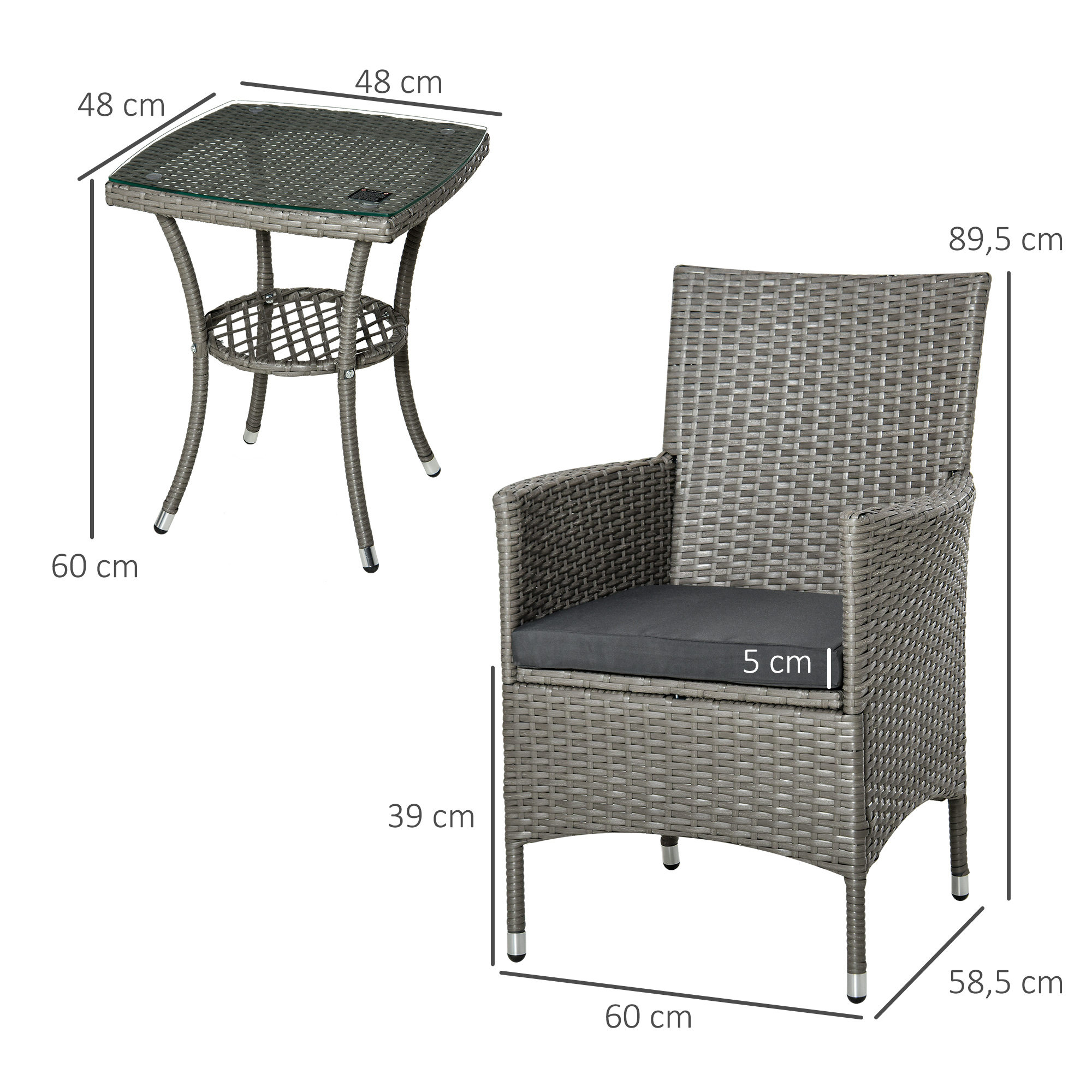 Polyrattan Gartenmöbel Set, Outdoor Lounge Balkonmöbel für 2 Personen, 3-teilig Sitzgruppe, 2 Stühle, Tisch Sitzkissen, Gartenlounge für Garten, Terrasse, Balkon, Grau