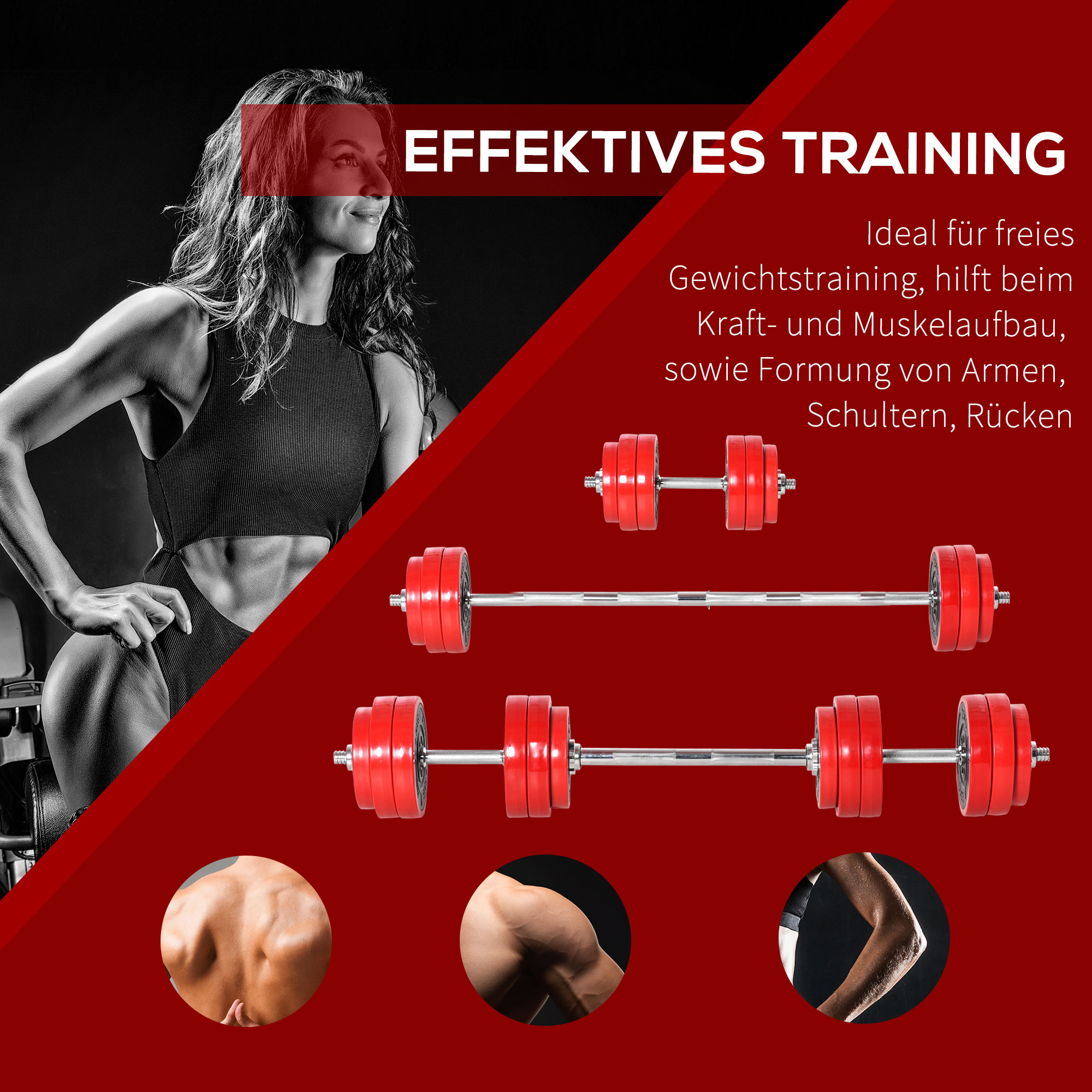 Hantelset 20/30KGS 2-IN-1 Hanteln&Langhanteln verstellbar Gewichtheben für Zuhause Fitness Muskel Stahl PP-Kunsstoff Eisen Sand Rot+Schwarz 21,5 x 21,5 x 3,8 cm