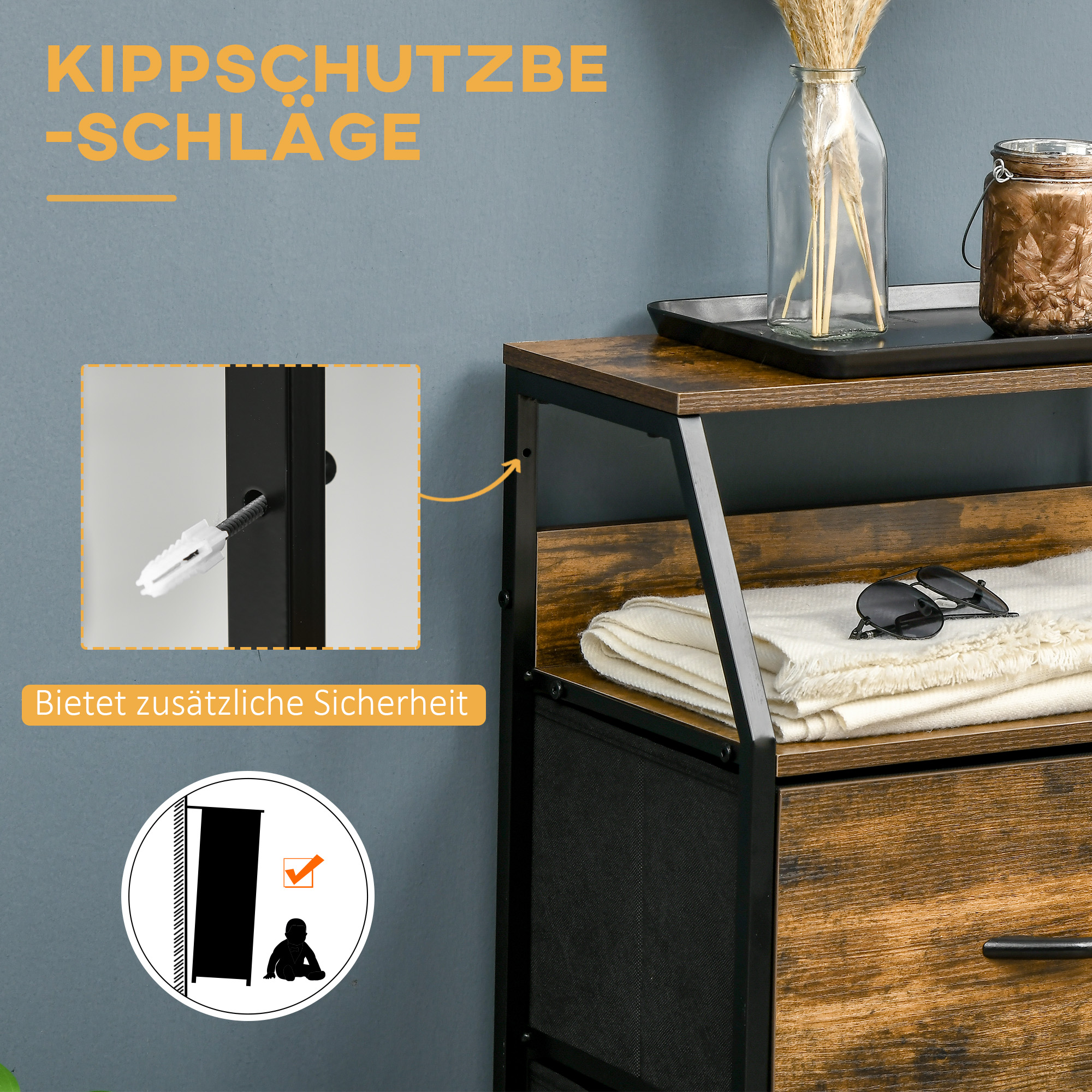 Aufbewahrungsschrank, Stoffschubladen, MDF-Regale, Stahlrahmen, Braun