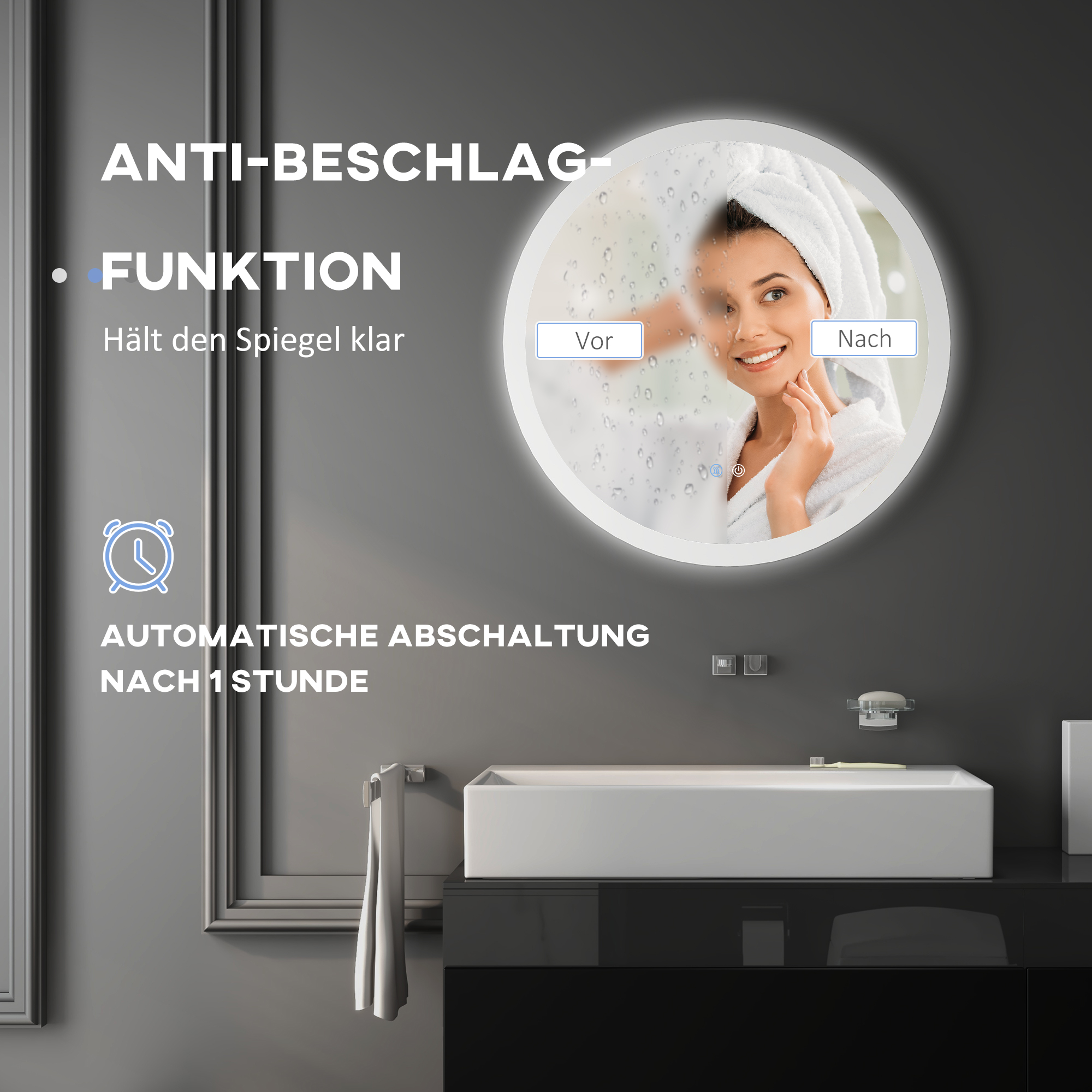 Badezimmerspiegel Badspiegel mit LED-Licht Berührungssensor Antibeschlagfunktion
