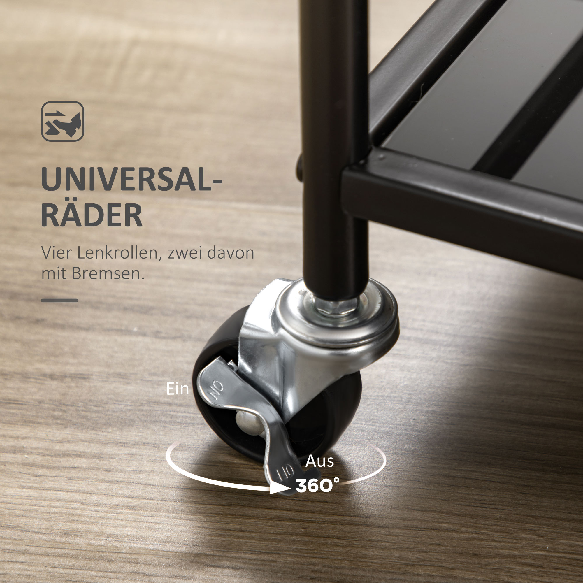 Küchenwagen mit 4 Rollen, 2 Ablagen und Griffen, 75 cm x 40 cm x 80 cm, Schwarz