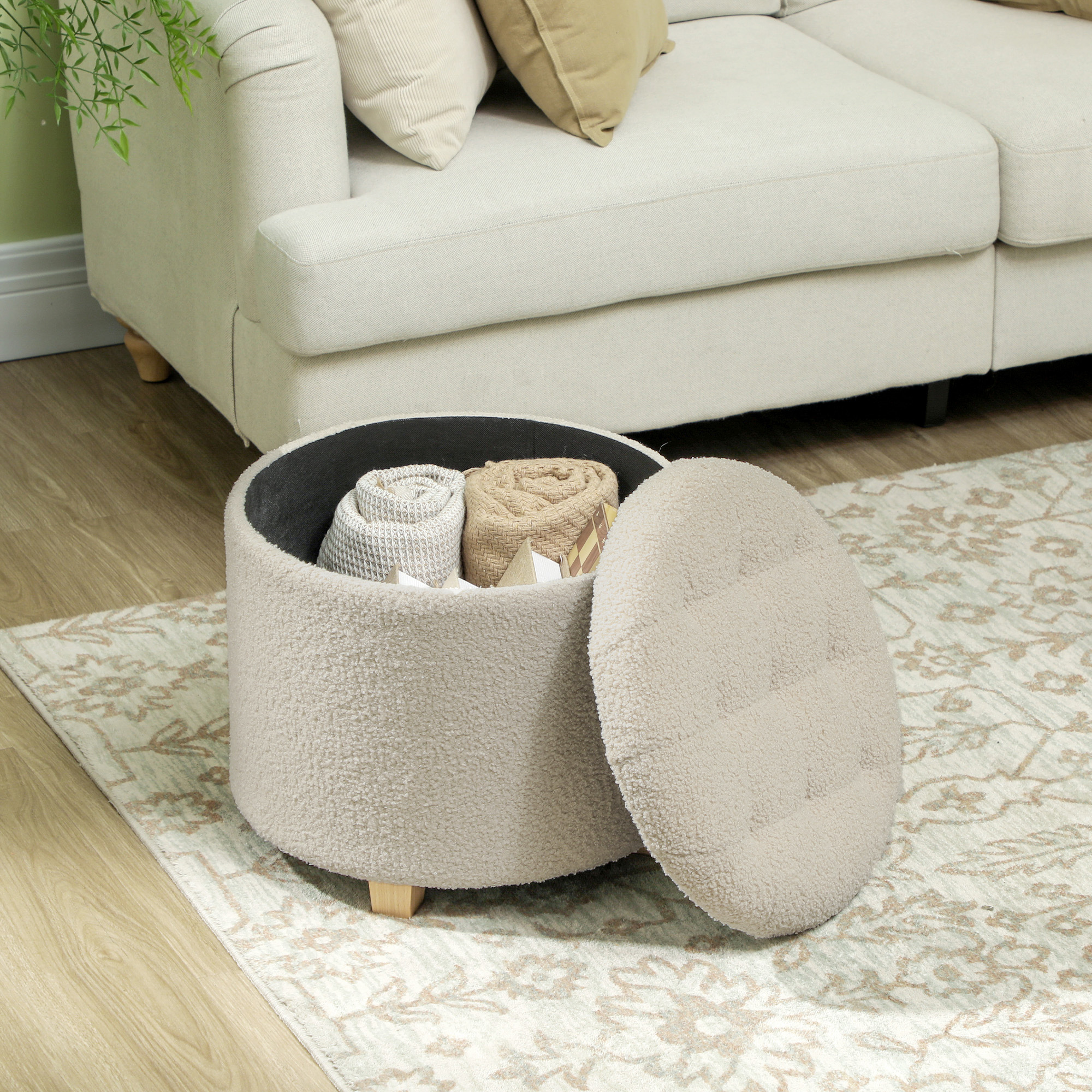 runder Sitzhocker mit Stauraum, Deckel und Holzbeinen, Fußhocker für Wohnzimmer, Flur, Schlafzimmer, Cremeweiß