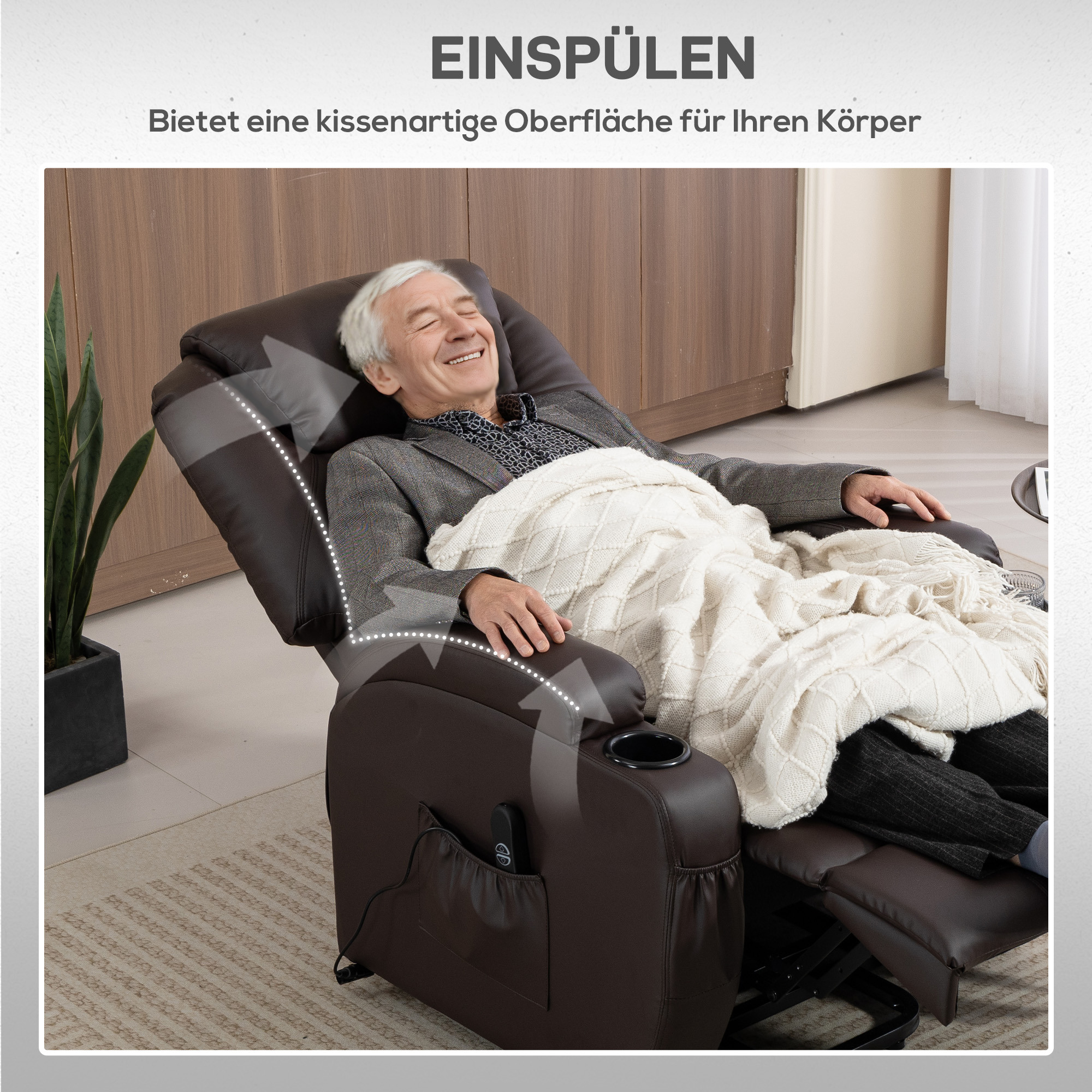 Aufstehsessel, Relaxsessel mit Aufstehhilfe, inkl. Fernbedienung, Becherhalter, verstellbare Rückenlehne, Braun