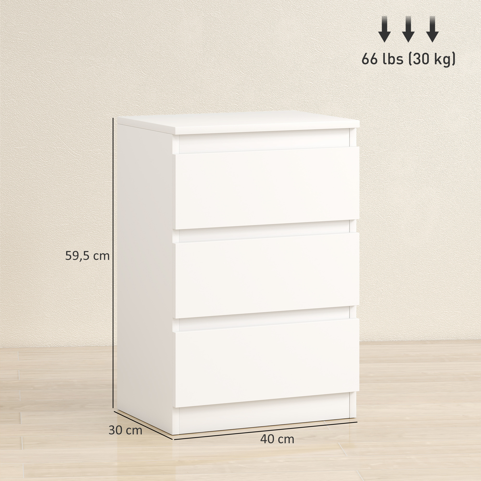 Nachttisch, 2er Set Beistelltisch mit 3 Schubladen, Nachtschrank, Nachtkommode für Schlafzimmer, Wohnzimmer, 40 x 30 x 59,5 cm, Weiß