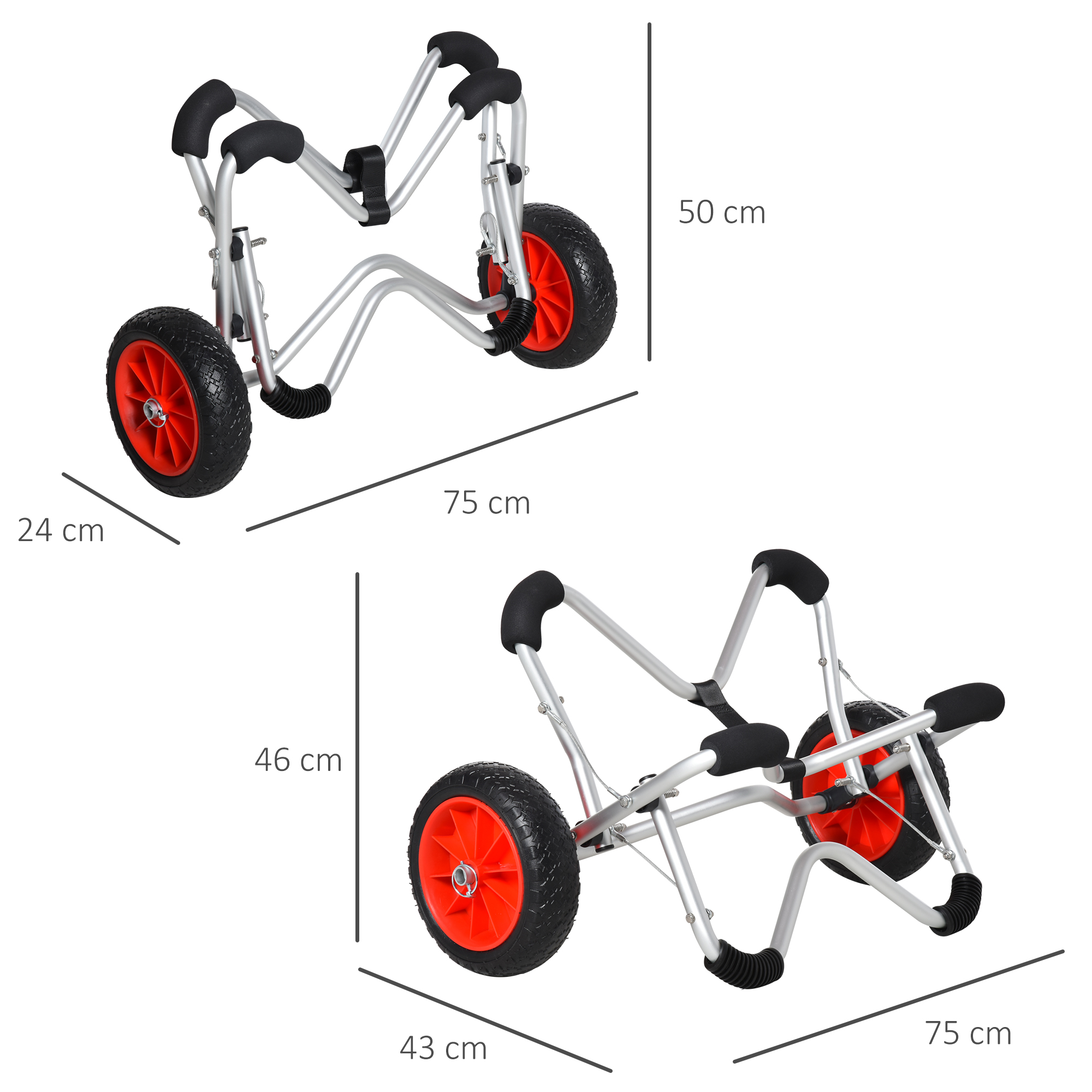 Kajakwagen Alu Bootswagen faltbare transportwagen Kunstleder-Reifen Silber 75 kg 75 x 43 x 46 cm