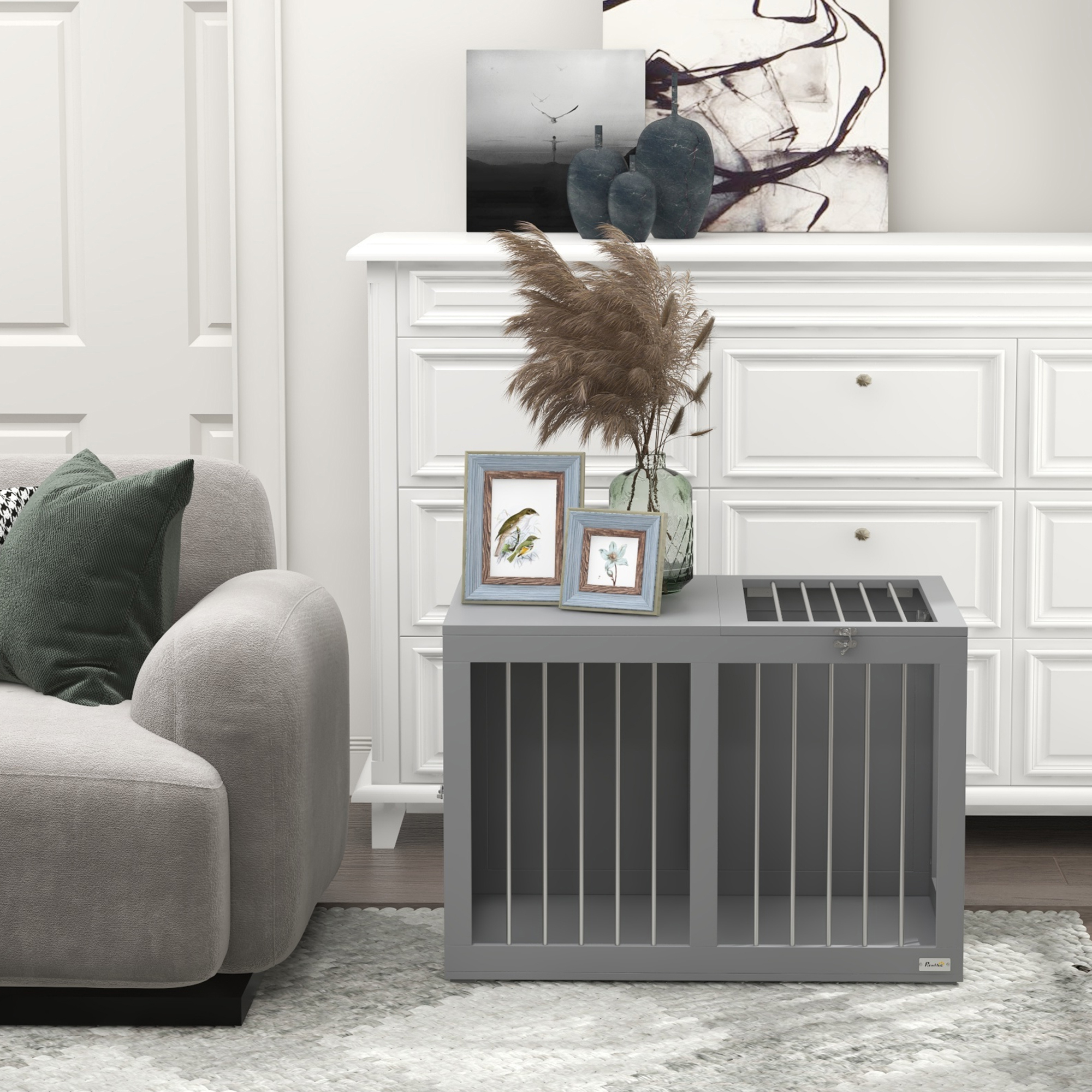 Hundekäfig Hundebox Hundetransportbox,  2 Türen, verriegelbar, Stahlgitter, 80 cm x 50 cm x 56,5 cm, Grau