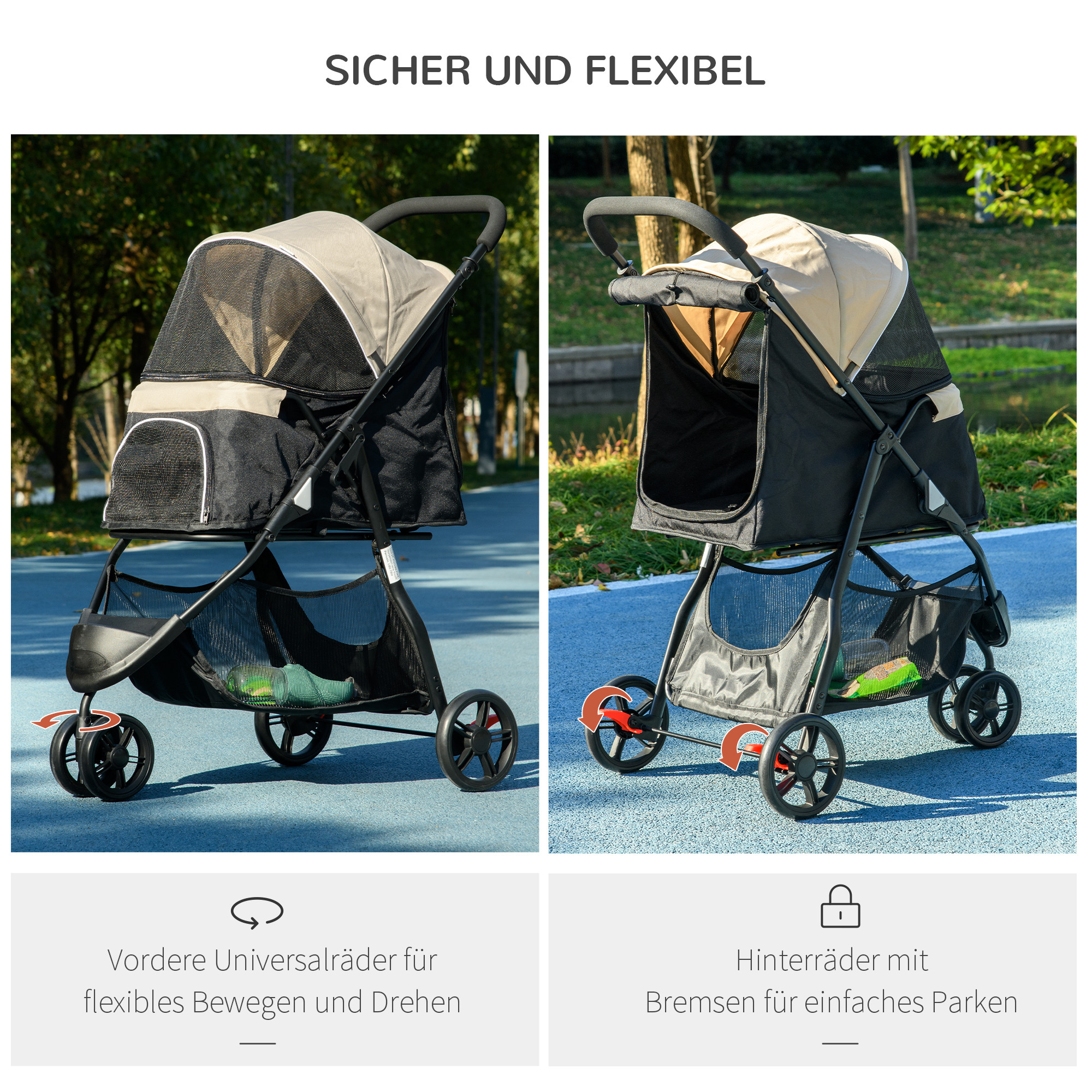 Haustierbuggy Hundebuggy, klappbar, mit Regenschutz, 2 Getränkehalter, Blau +  Khaki
