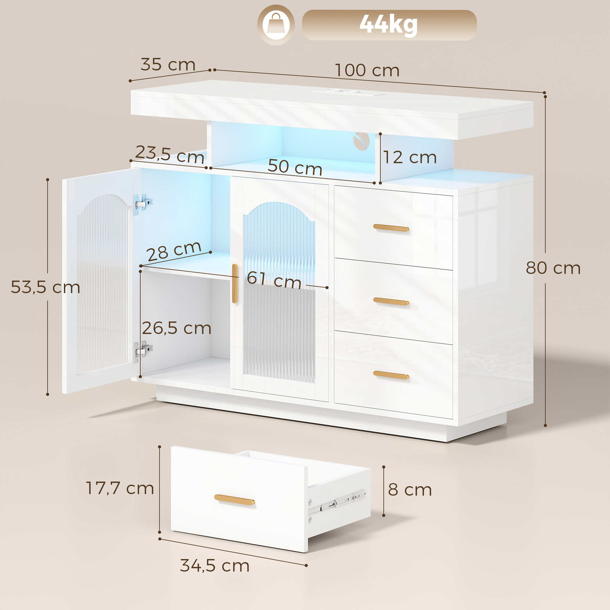 Sideboard mit LED-Beleuchtung, eingebauten Steckdosen, 3 Schubladen, Regalen und 2 Acryl-Türen, Hochglanz Weiß