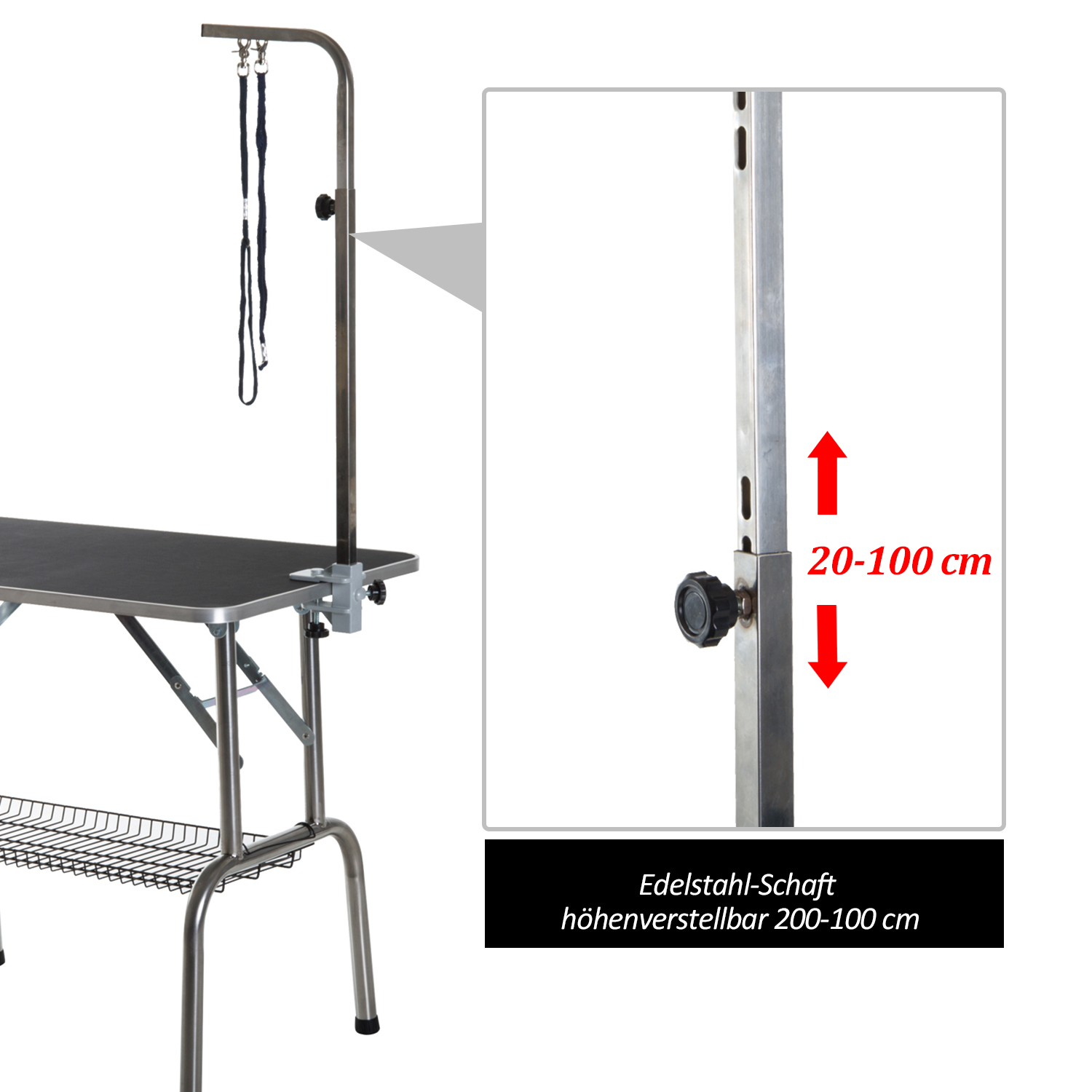 Trimmtisch für Hunde Hundepflegetisch klappbar, Haustierpflegetisch mit höhenverstellbarem Galgen, Schlingen, Netzkorb, Schertisch bis 150 kg, 90 x 60 x 75 cm, Schwarz