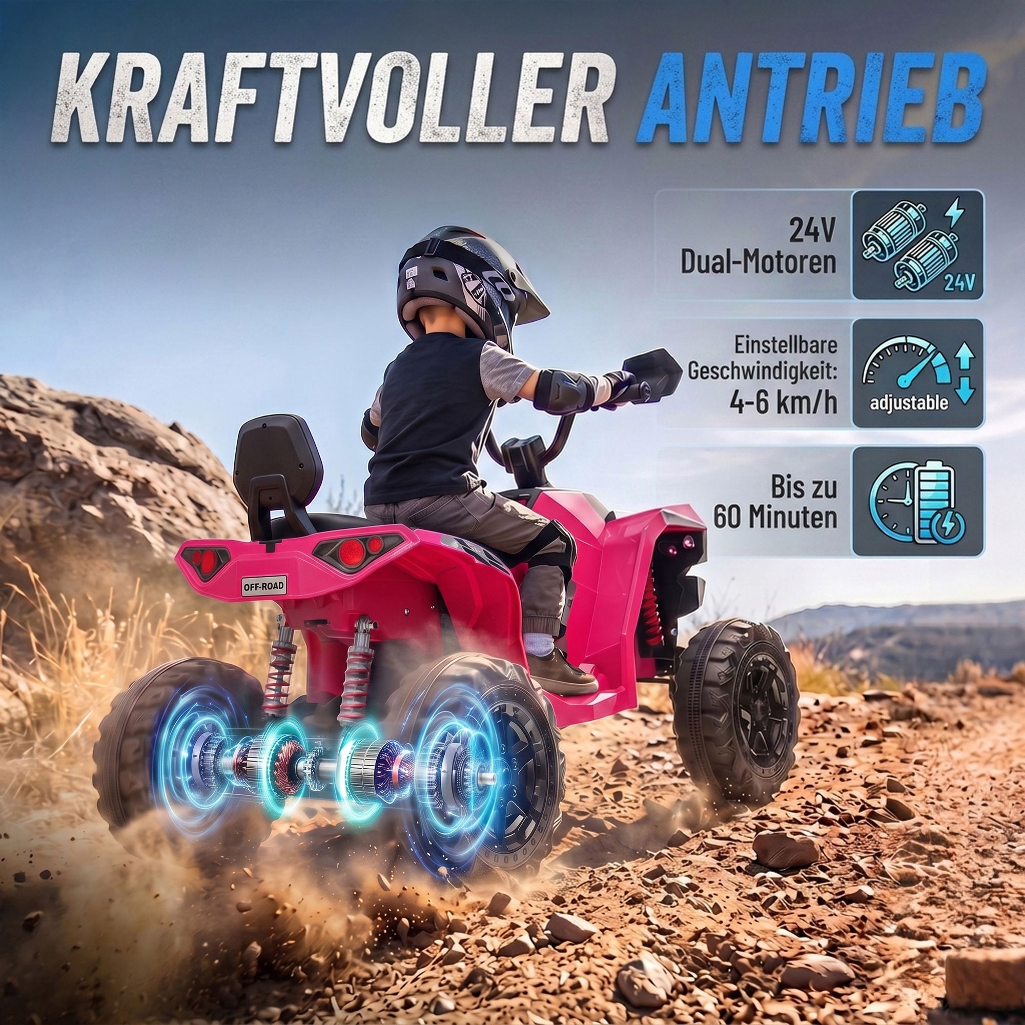 Kinder Quad Elektro 24V 2-Sitzer Elektro ATV 4–6 km/h Kinderquad mit Lithium-Akku 2 120W Motoren 4-Rad-Federung