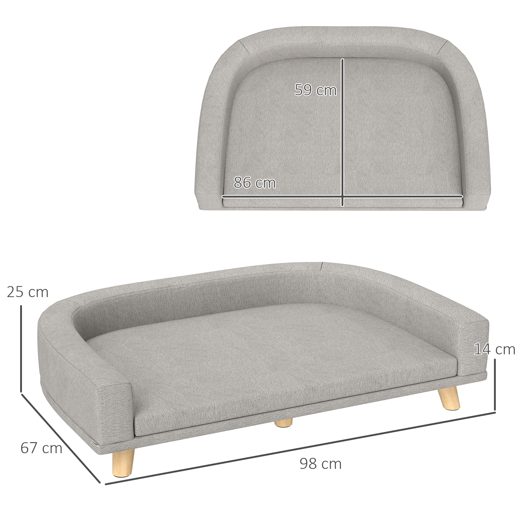 Hundesofa für große Hunde bis 30 kg, gepolsterte, Kiefernholzbeine, 98 x 67 x 25 cm, Grau