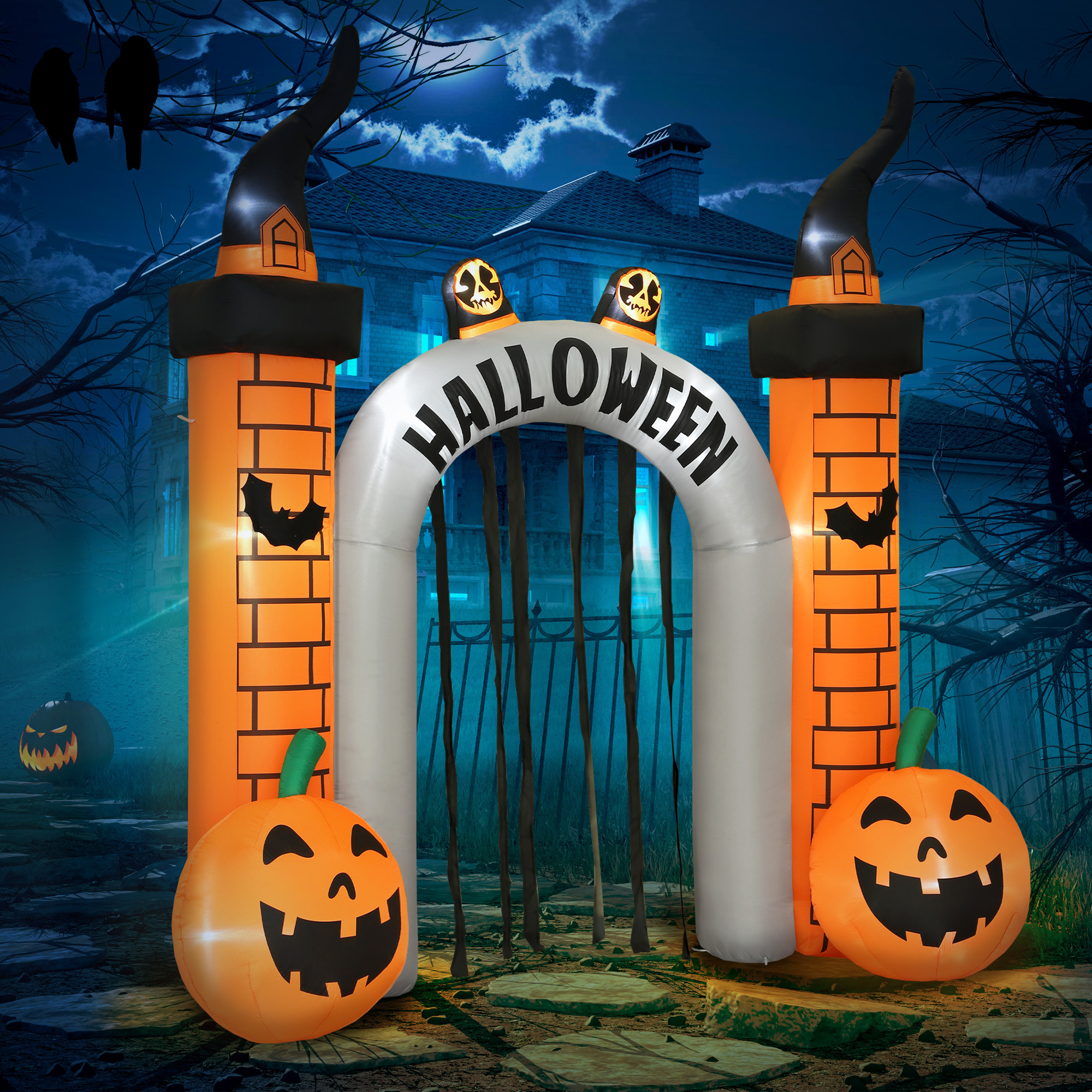 Aufblasbarer Halloween-Torbogen, Kürbis-Design, LEDs, Heringe, Polyester