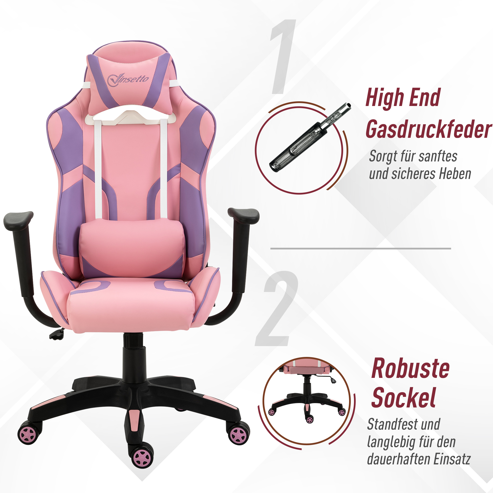 Ergonomischer Gaming Stuhl Bürostuhl Drehstuhl Verstellbares Massage Lendenkissen Höhenverstellbar Rosa&Violett 69x56x125,5 cm