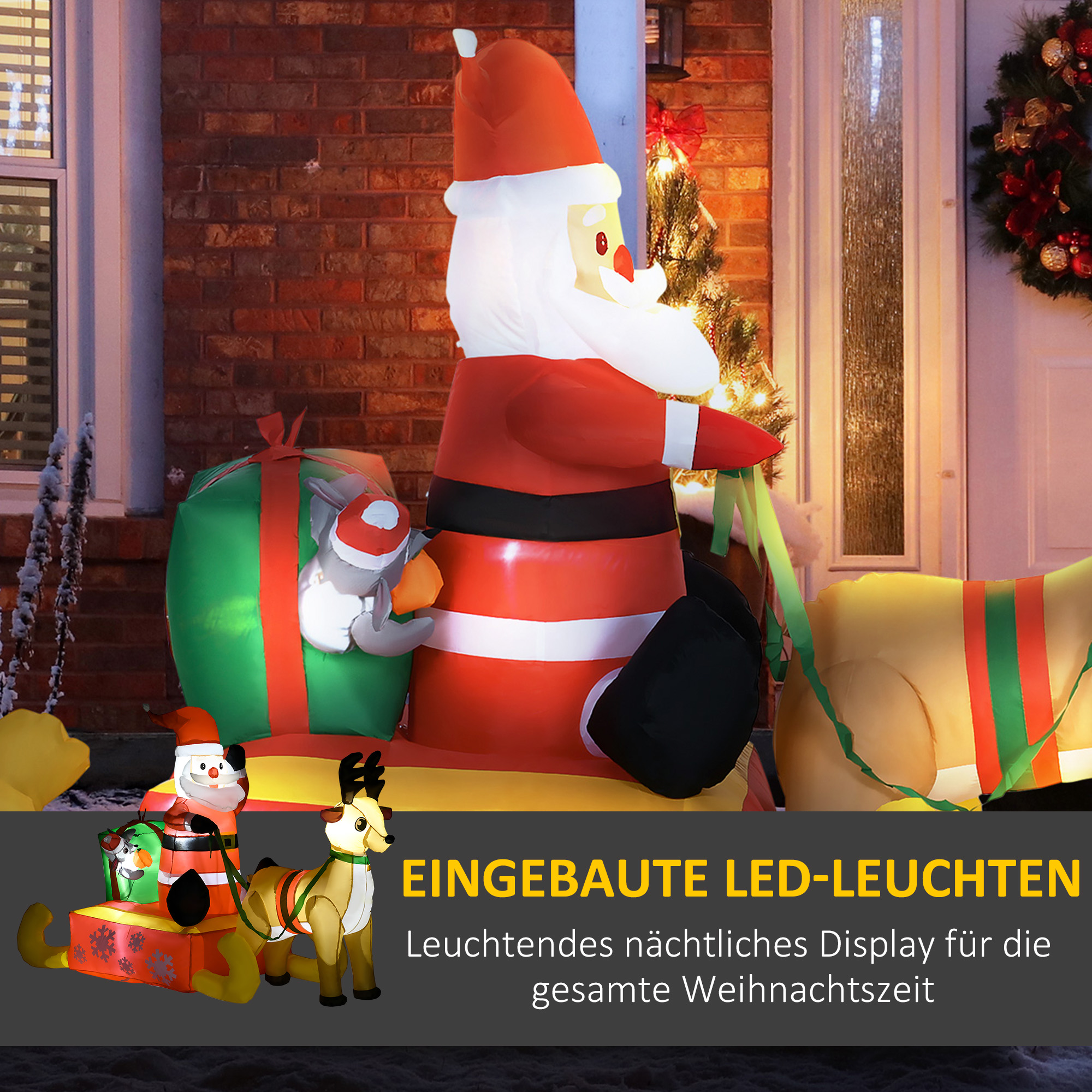 Aufblasbare Weihnachtsdeko, Weihnachtsmann mit Schlitten und Rentier, mit LED-Lichtern, für den Garten
