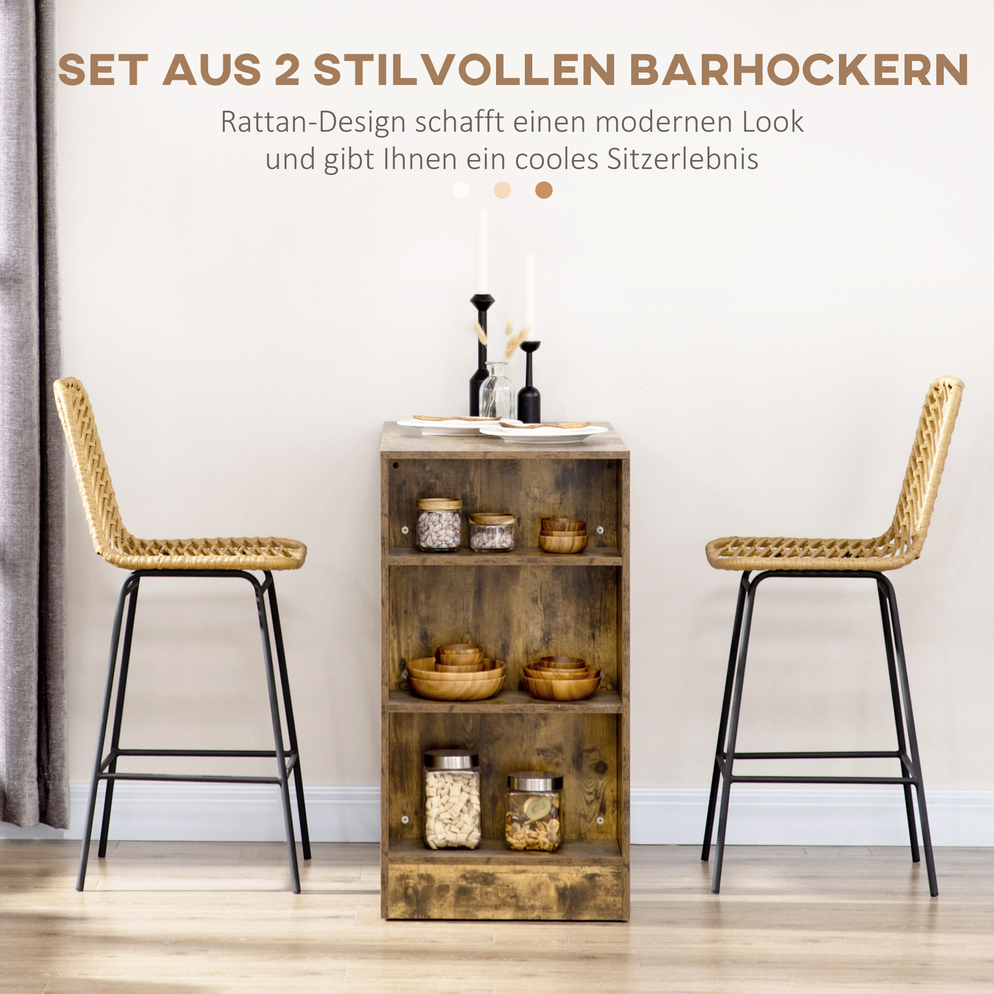 2er Set Barhocker mit Lehne Barstühle im Boho-Design, PE-Rattan, inkl. Fußtstütze, 42,5 cm x 52 cm x 102 cm, Gelb + Schwarz