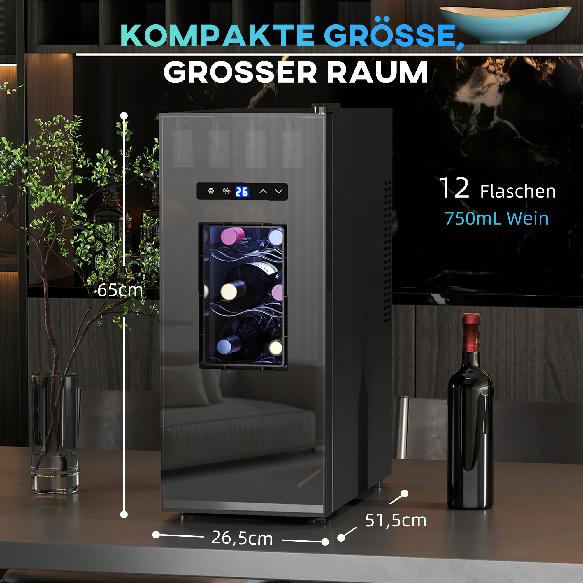 Weinkühlschrank für 12 Flaschen, mit Glastür, Getränkekühlschrank mit LED-Licht, Touch-Screen, Schwarz