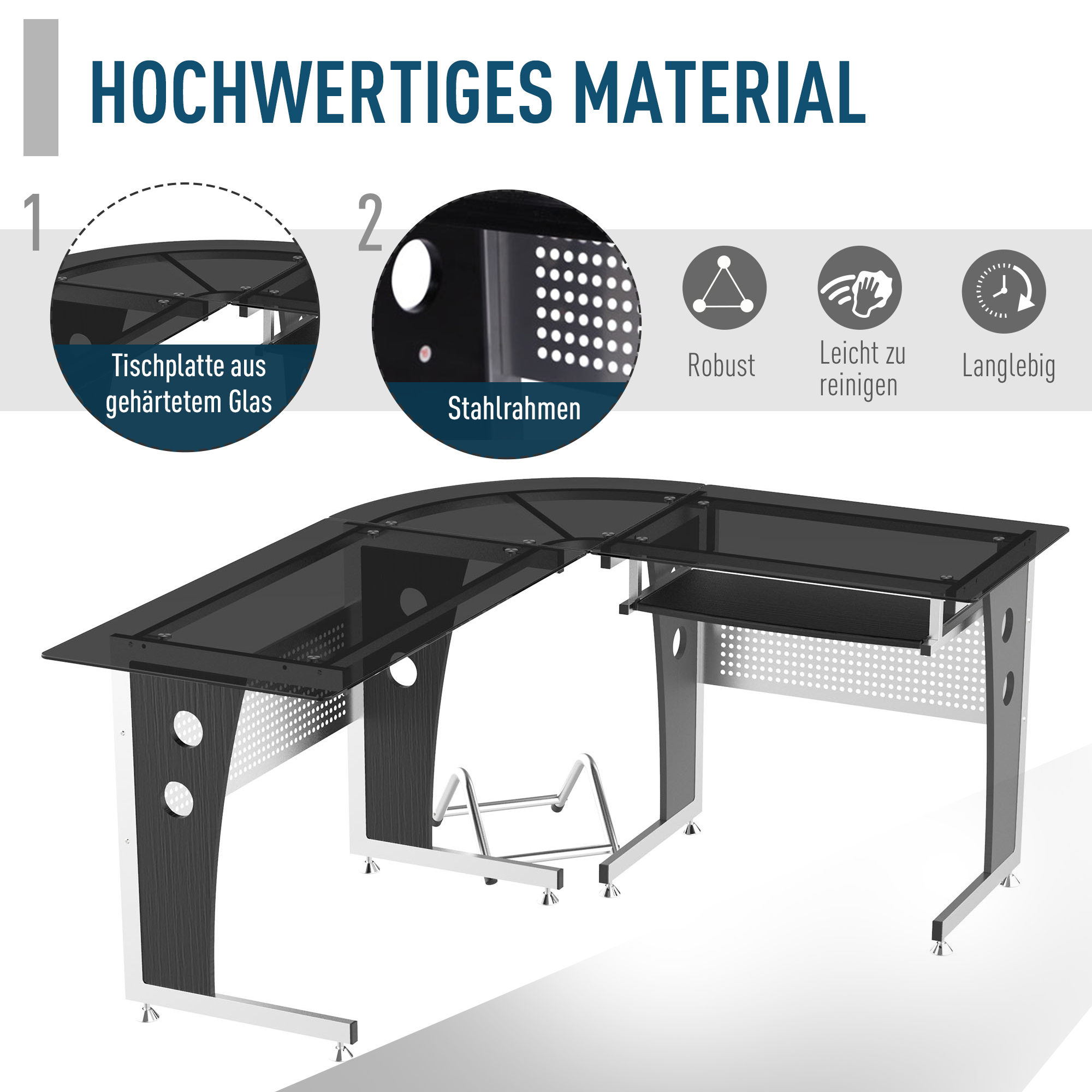 Computertisch Eckschreibtisch Schreibtisch Bürotisch PC Tisch mit schwarzem Sicherheitsglas L-förmig 164x139x75 cm