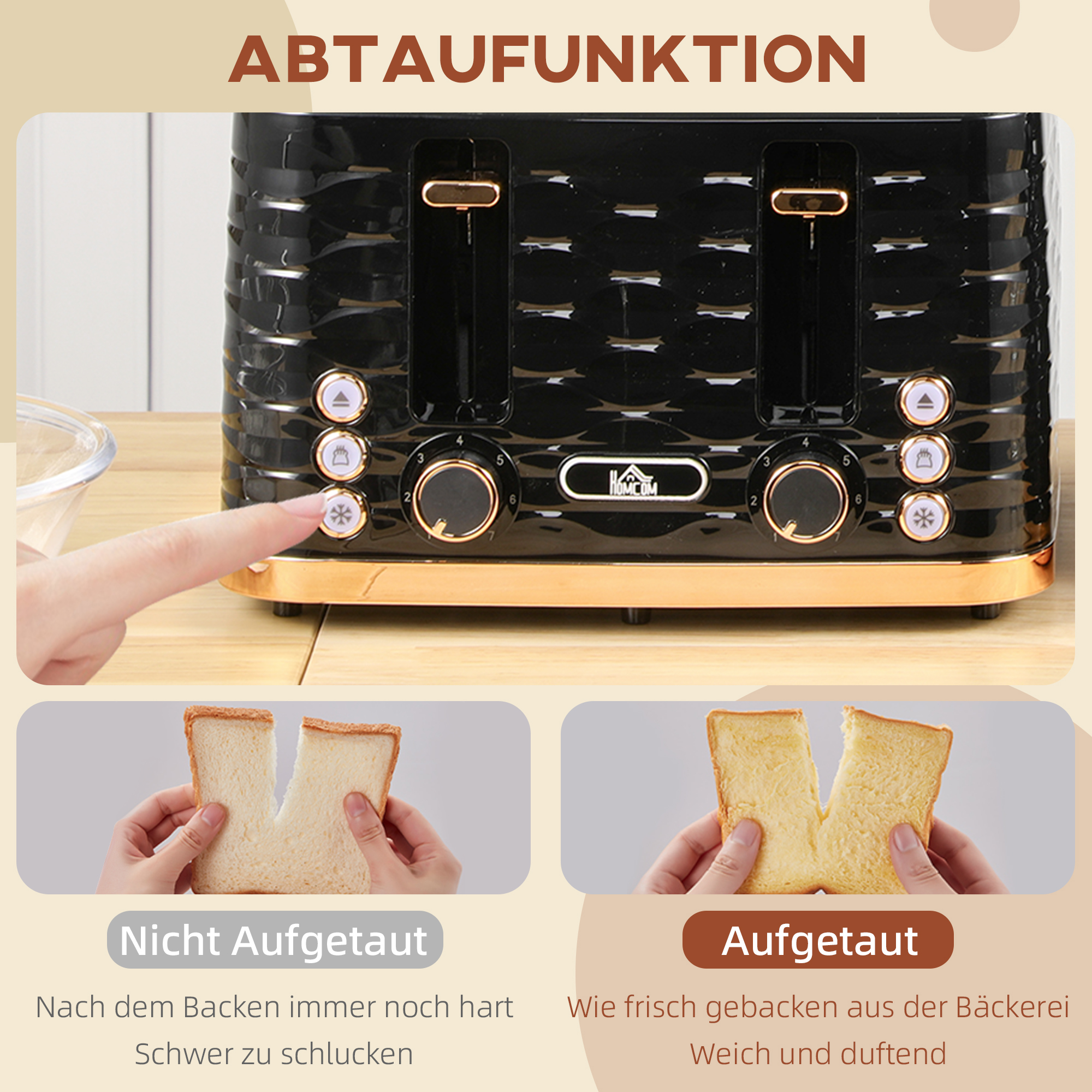 4-Scheiben-Toaster, wellenförmiges Design, mehrere Funktionen, Krümelfach, Schwarz