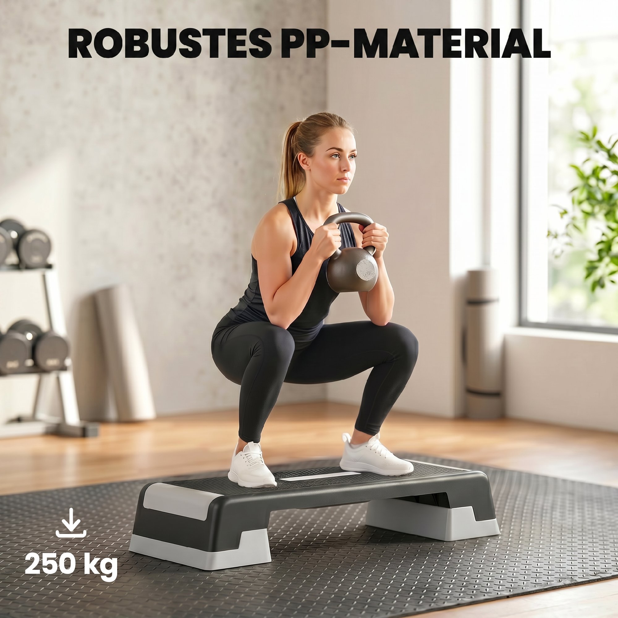 Steppbrett höhenverstellbar Fitness Aerobic Stepper mit 3 Stufen (15/20/25 cm), Anti-Rutsch-Matte Schwarz+Grau