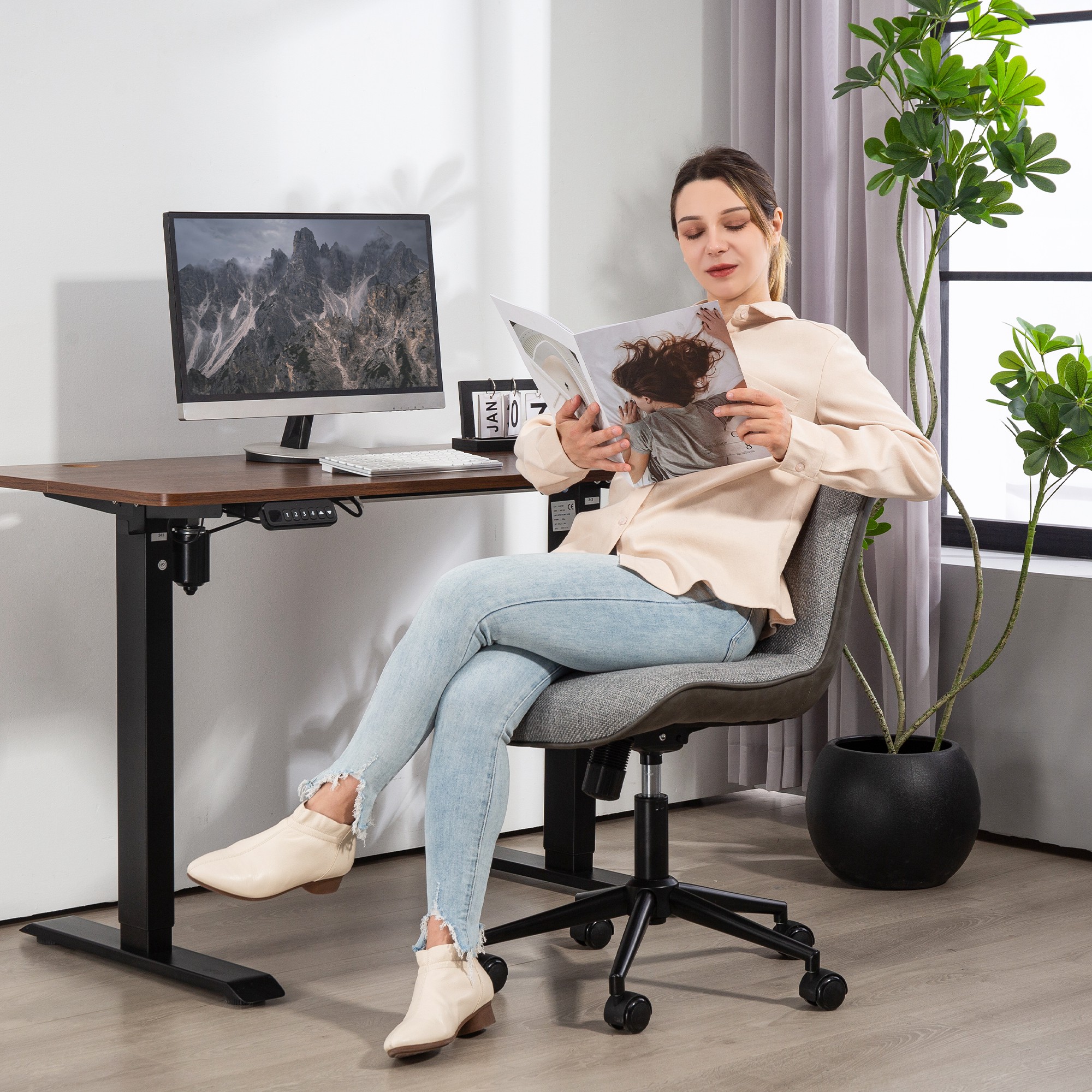 Armloser Bürostuhl, gepolstert, höhenverstellbar, drehbar, rollbar, Grau