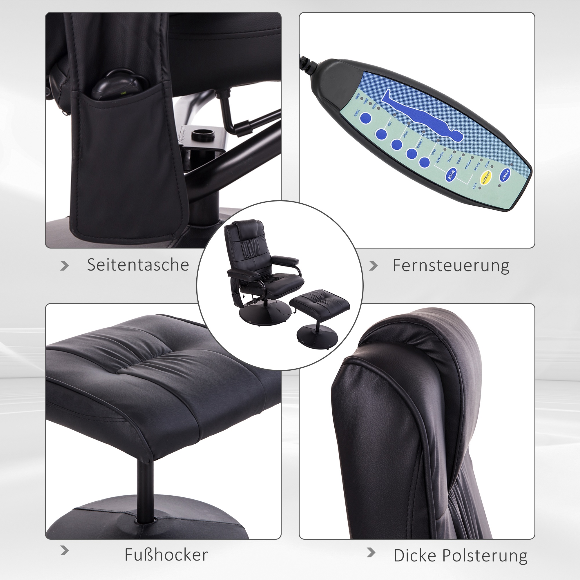 Massagesessel mit Hocker, Drehbares Relaxsessel mit Massagefunktion, Elektrisches Fernsehsessel mit Liegefunktion, Fernbedienung für Wohnzimmer, Kunstleder, Schwarz