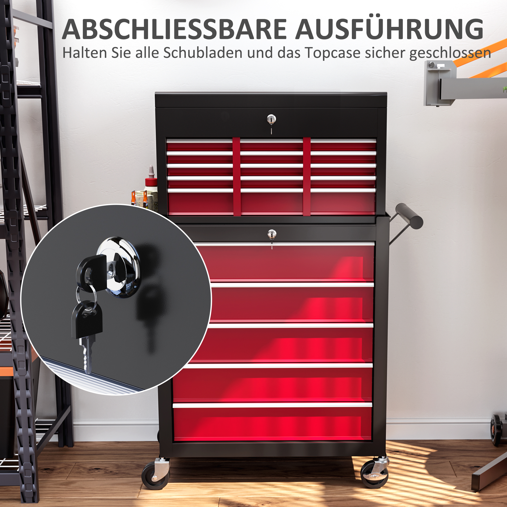 Werkzeugwagen, zweiteilig, abschließbar, 14 Schubladen, Lochwand, Stahl, Rot