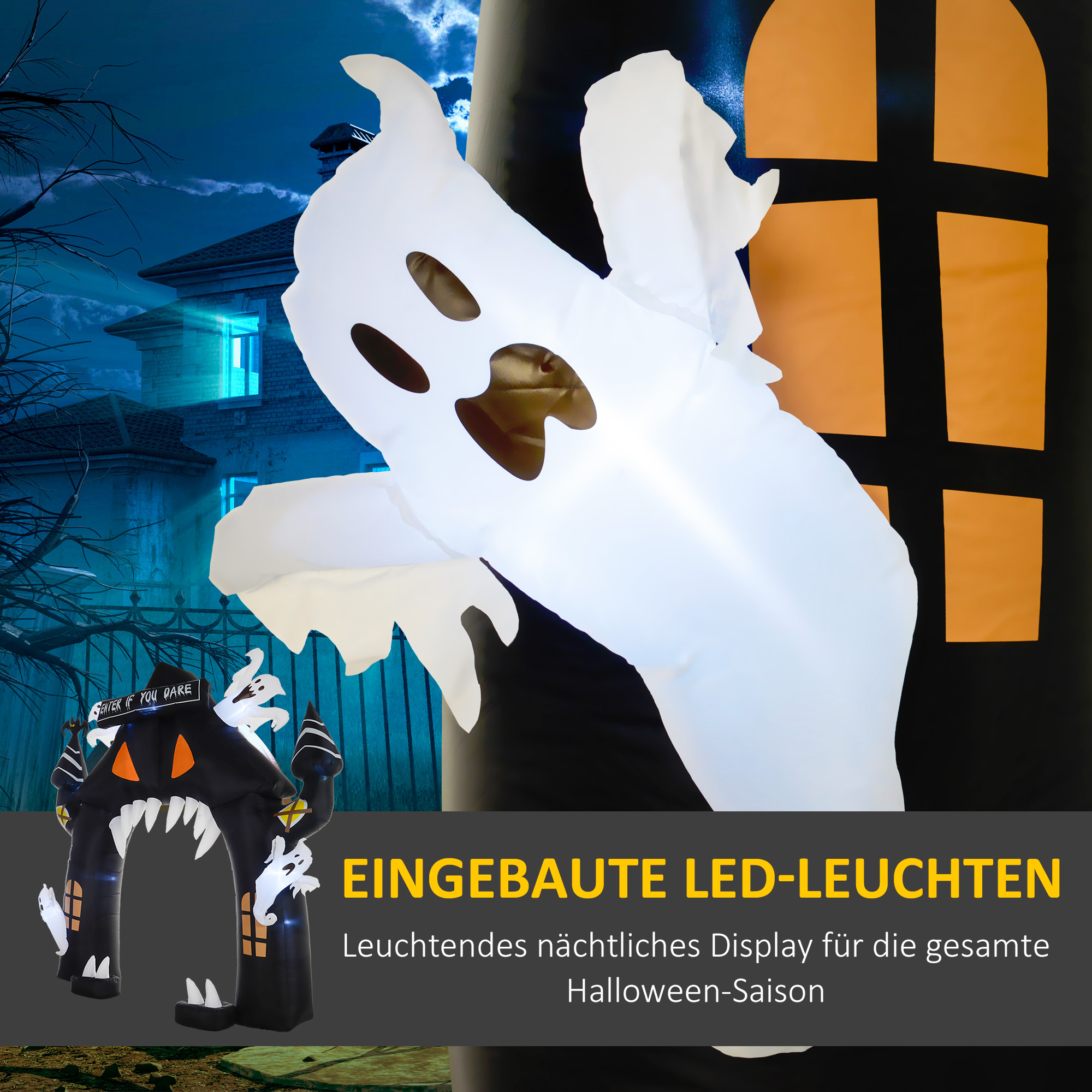 Aufblasbarer Halloween-Torbogen, 4 Geister, LED-Lichter, wasserdicht, 300 x 76 x 300 cm