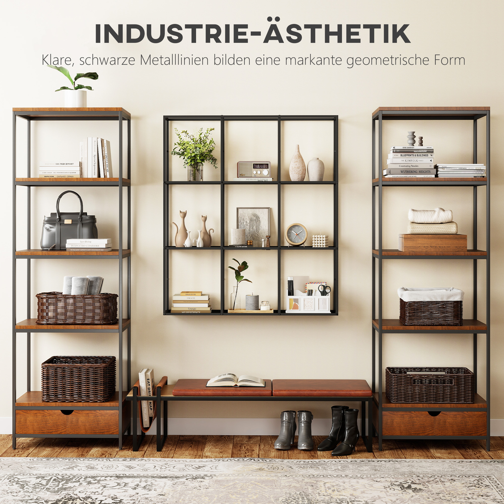 industrielles Wandregal mit 9 Fächern, Metallregal für Sammlerstücke, Ideal für Wohnkultur, Schwarz