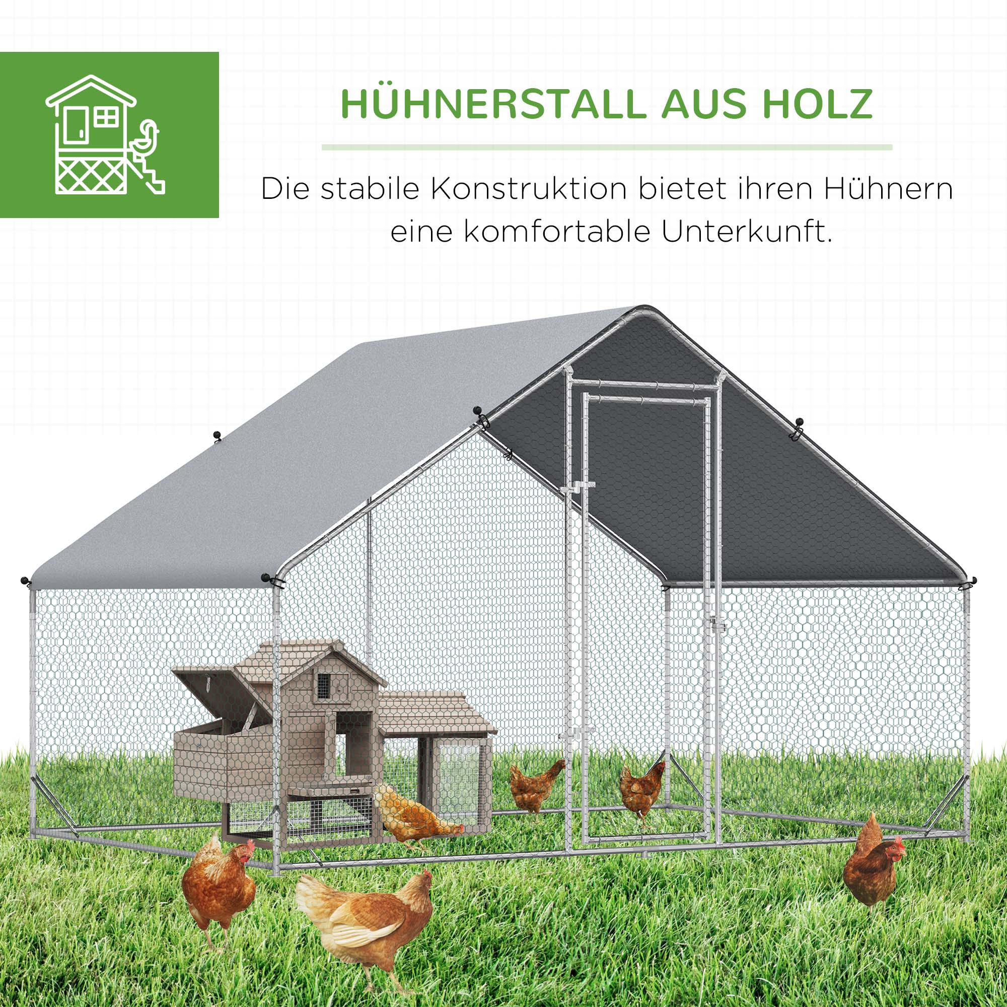 Hühnerstall, Freilaufgehege, Geflügelstall mit Schattendach, Freigehege für 4-6 Hühner, Enten Kaninchen, 3 x 2 x 2 m