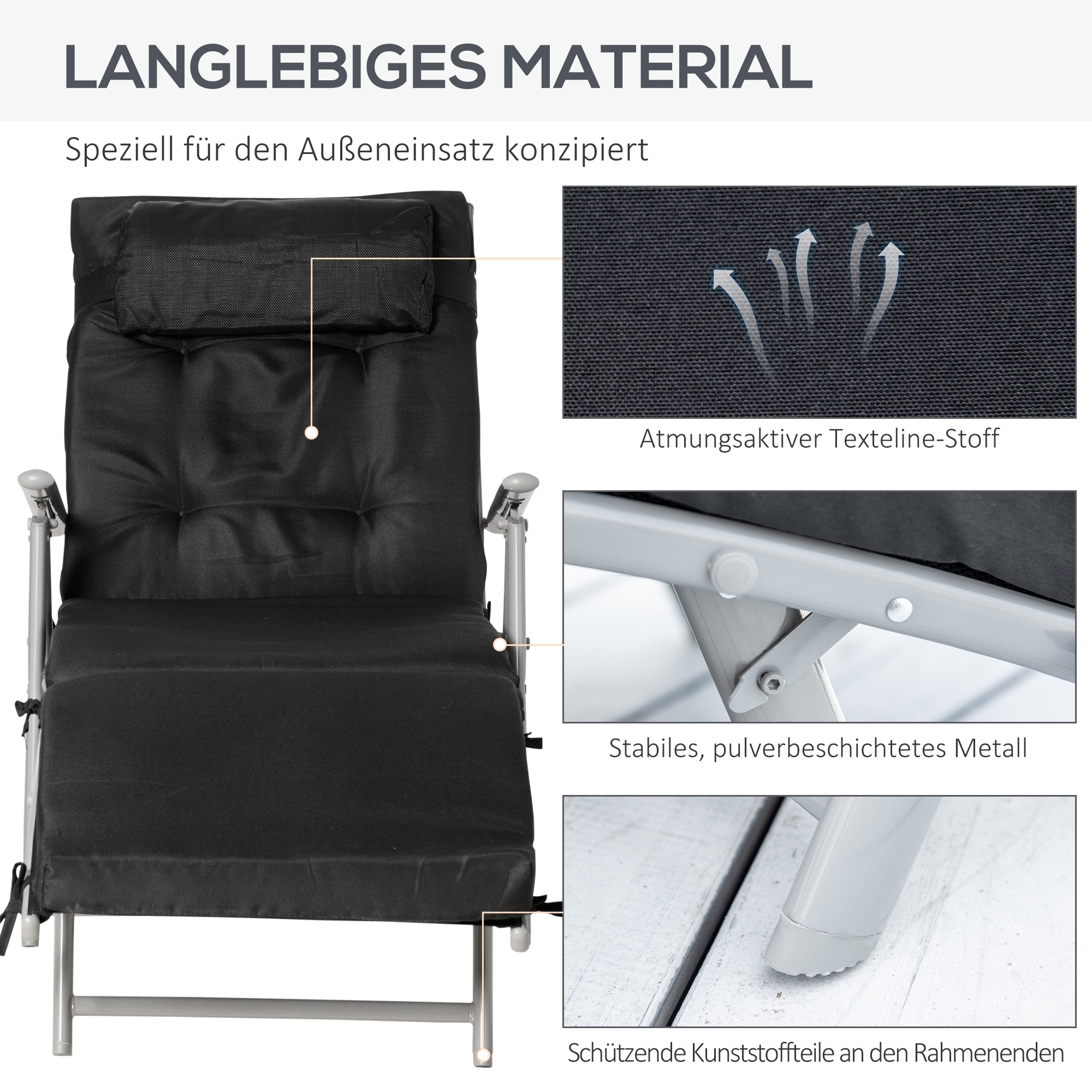 Sonnenliege klappbar Strandliege mit Kopfkissen Sitzkissen Liegestuhl mit 7-Fach verstellbare Rückenlehne Gartenliege Relaxliege bis 165 kg belastbar, für Garten Urlaub Outdoor, Schwarz