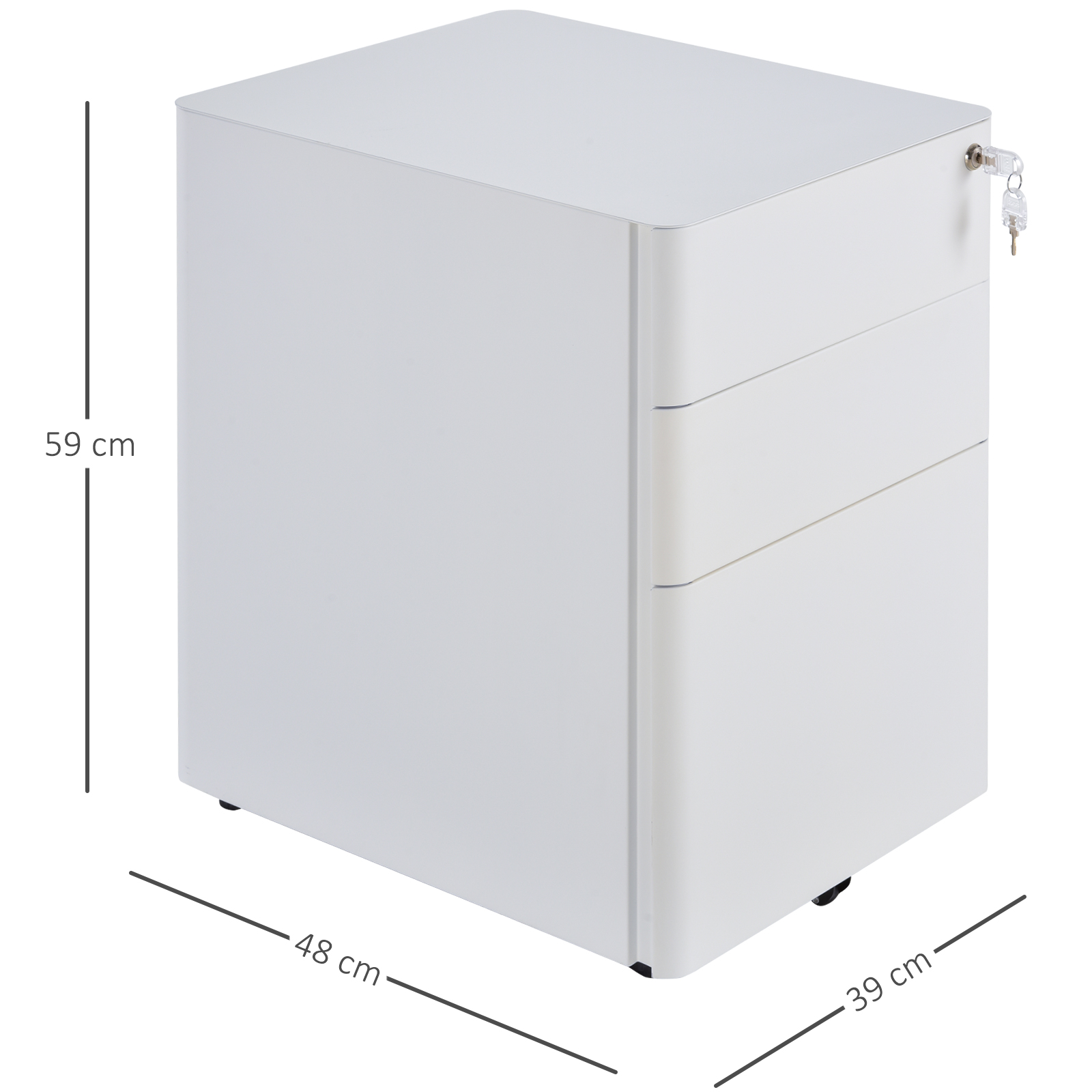 Rollcontainer, mobiler Aktenschrank mit 3 Schubladen, abschließbarer Büroschrank mit Hängeregistratur, Aufbewahrung, Stahl, 39 x 48 x 59 cm Weiß