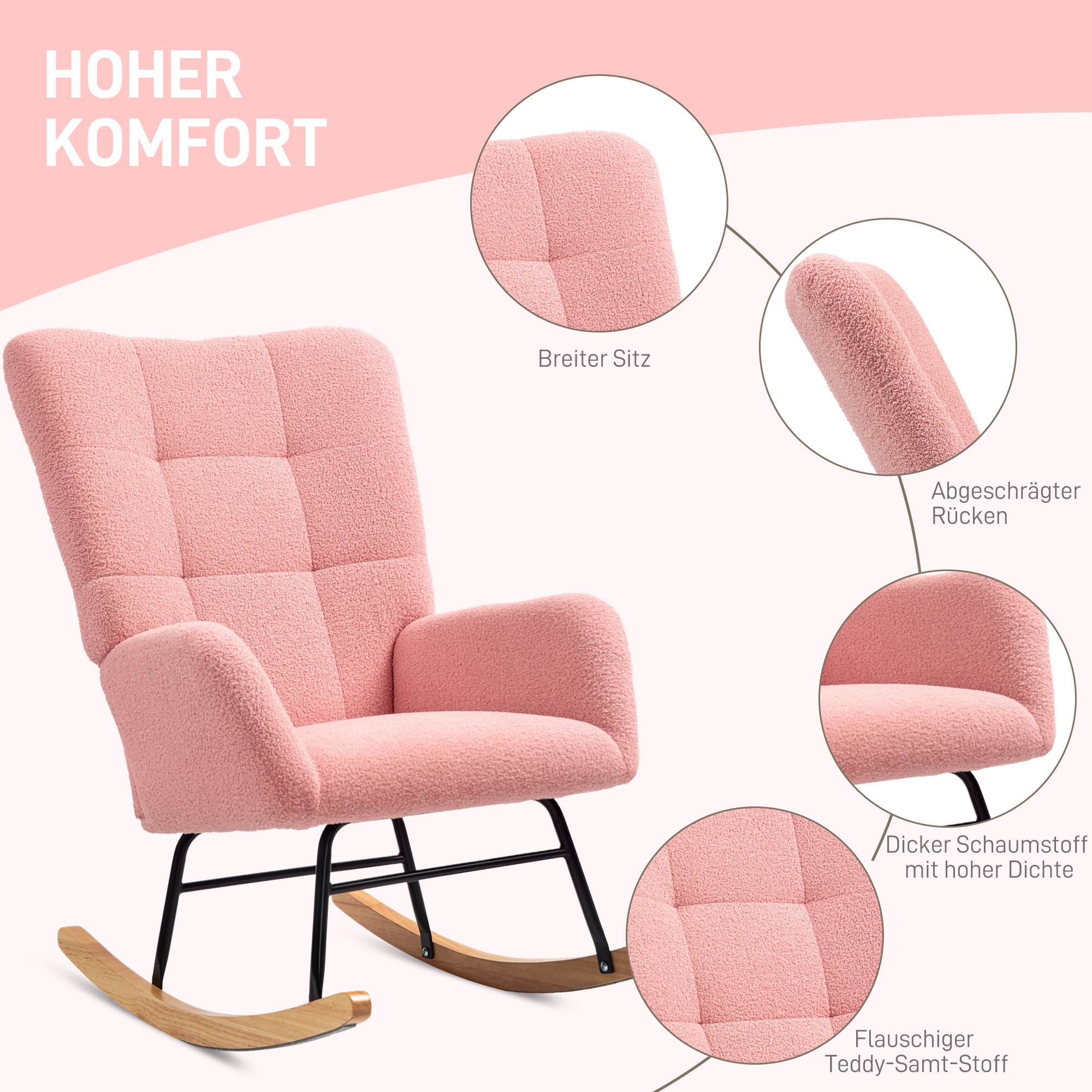 Schaukelstuhl, kuscheliger Bezug, dicke Polsterung, rutschfest, Rosa