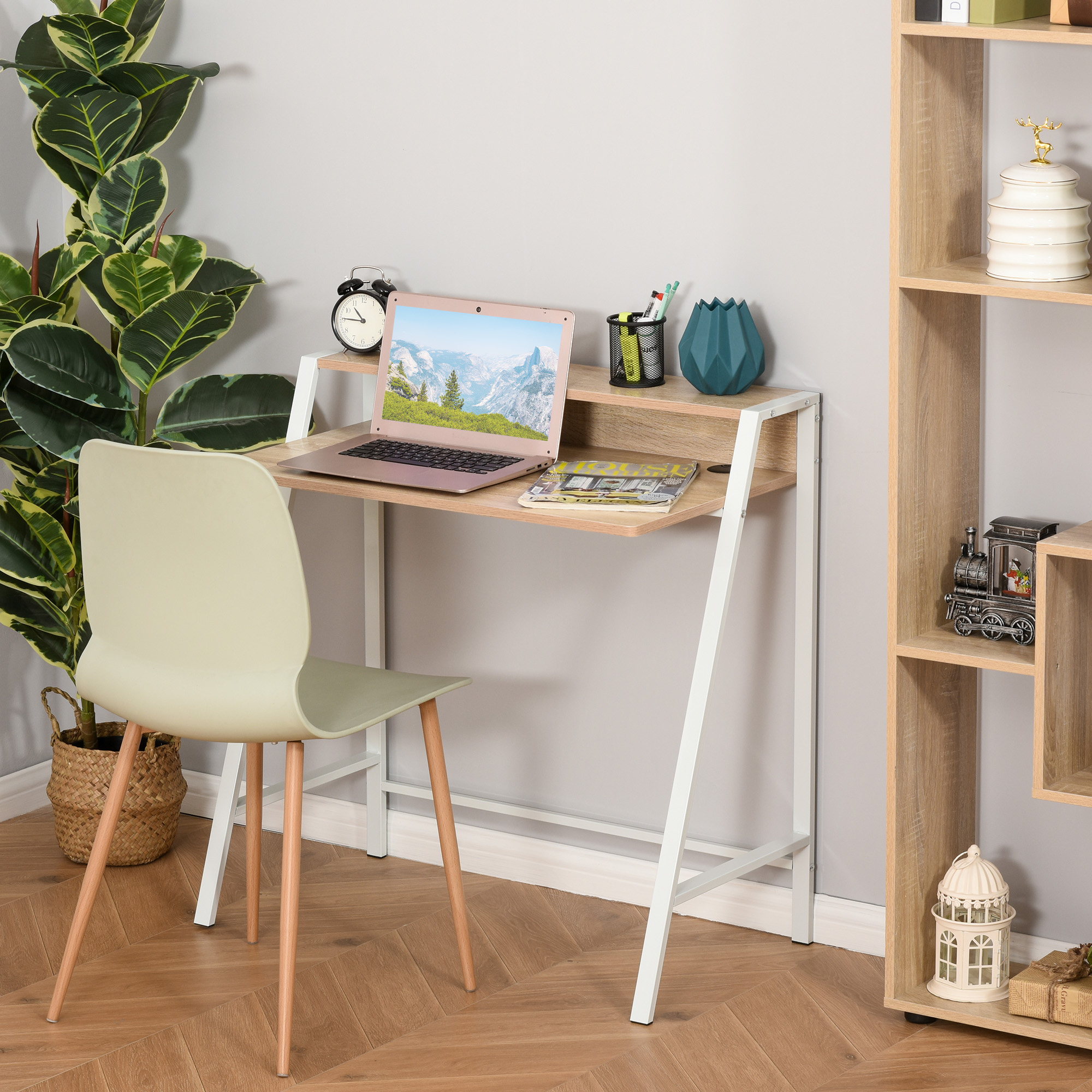 Schreibtisch, Computertisch mit Ablage und Kabel Management, moderner Schreibtisch mit Metallgestell für Arbeitszimmer, Schlafzimmer, Home Office, 84 x 45 x 85 cm, Weiß+Eiche