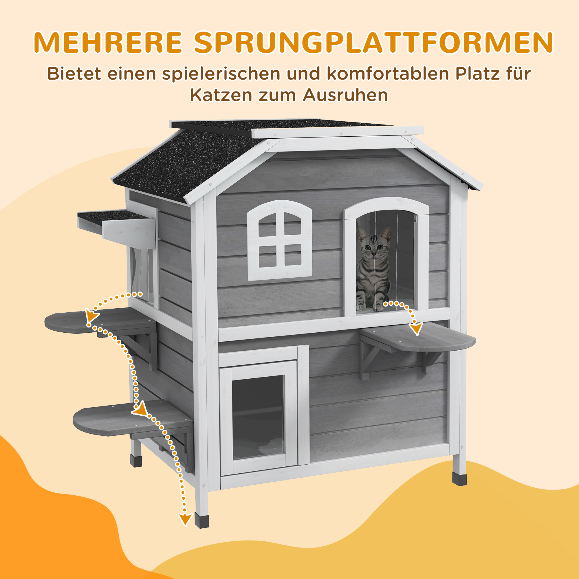 Katzenhaus aus Holz 2-Etagen Winterfest wasserdicht Katzenhütte mit Asphaltdach klappbarem Deckel Treppe Katzenhöhle Outdoor Schutzhütte für Draußen Garten Balkon 78 x 55,5 x 91 cm Grau