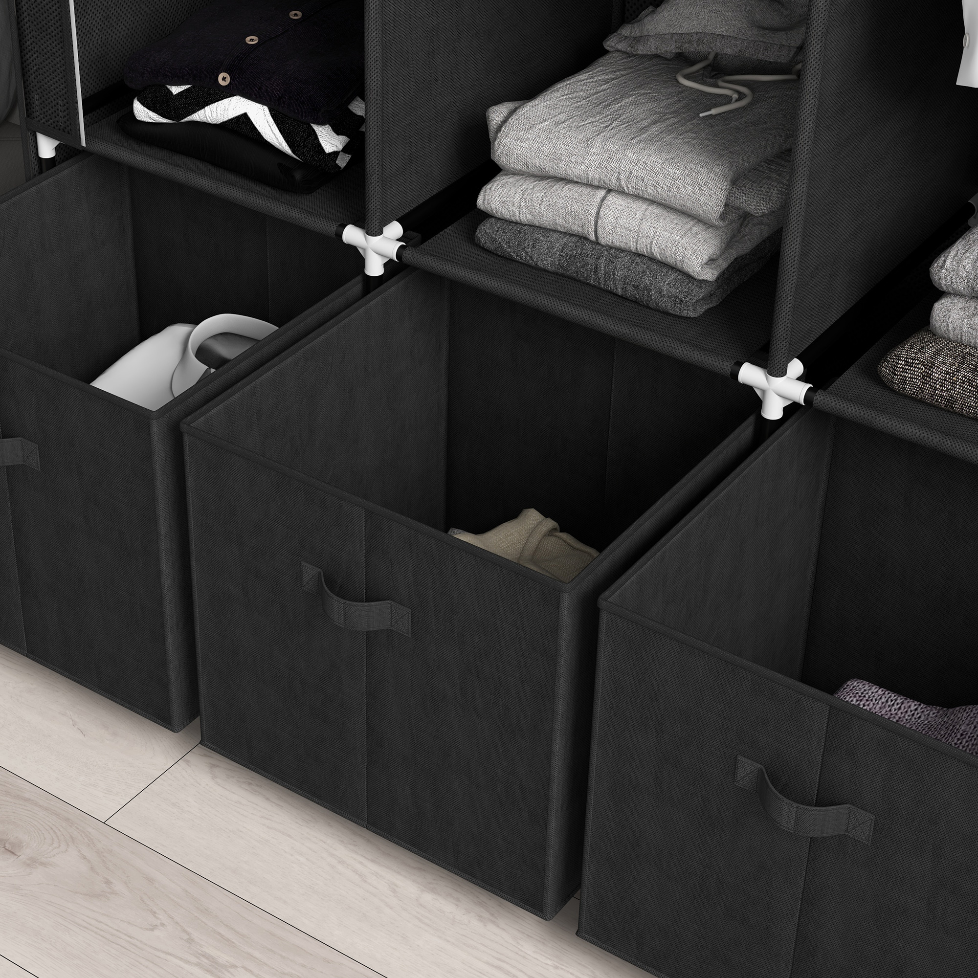 Stoffschrank aus Vlies, Faltschrank, inkl. 3 Schubladen, 125 cm x 43 cm x 162,5 cm, Schwarz