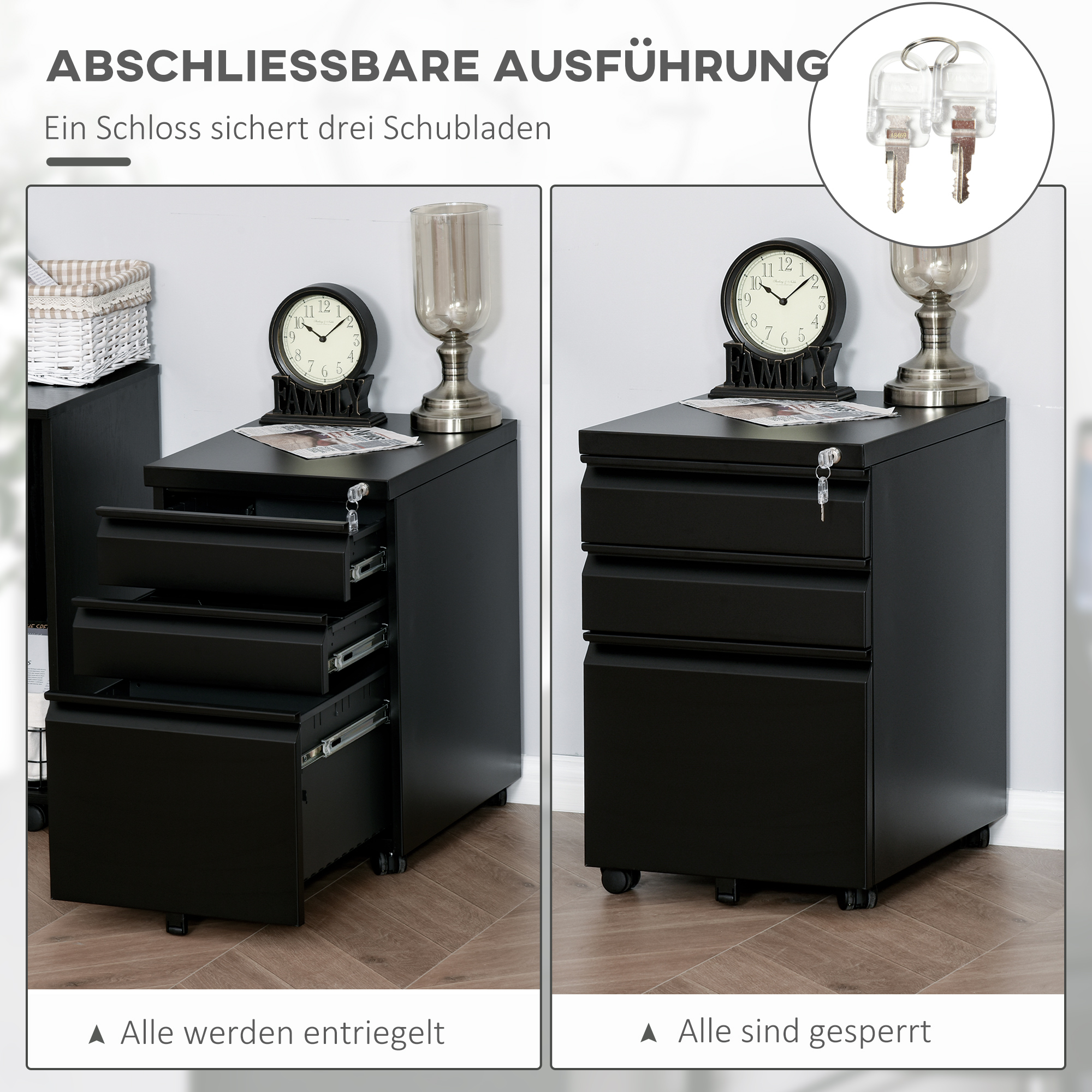 Rollcontainer, 3 Schubladen, 5 Räder, Hängeregister, abschließbar, Stahl, schwarz 39 x 48 x 60 cm