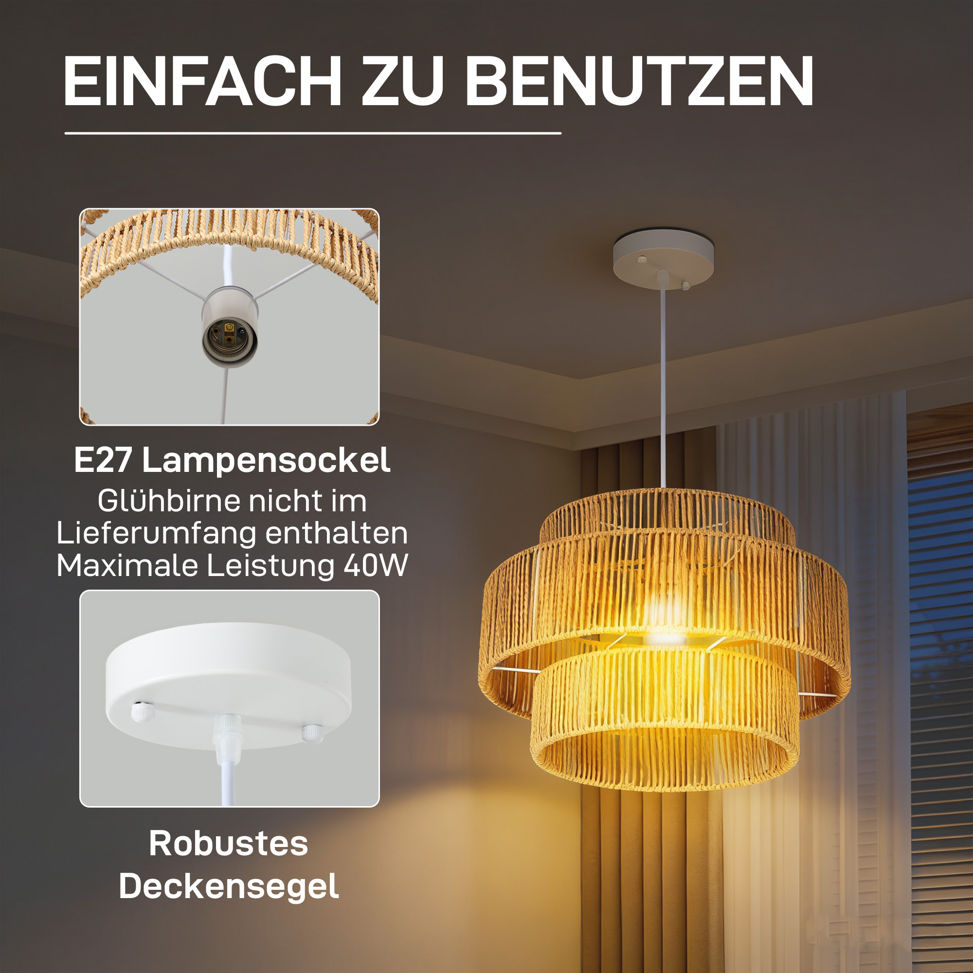 Hängelampe, 3-stufiger Lampenschirm, Metall, Hanfseil, Hellbraun
