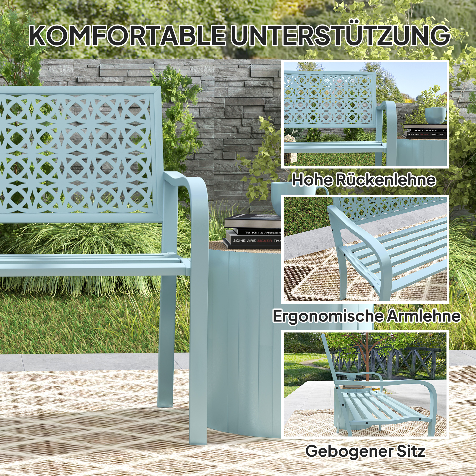 Außenbank, Gartenbank aus Stahl, Ausgeschnittene Rückenlehne, Armlehnen, für 2 Personen, Blau