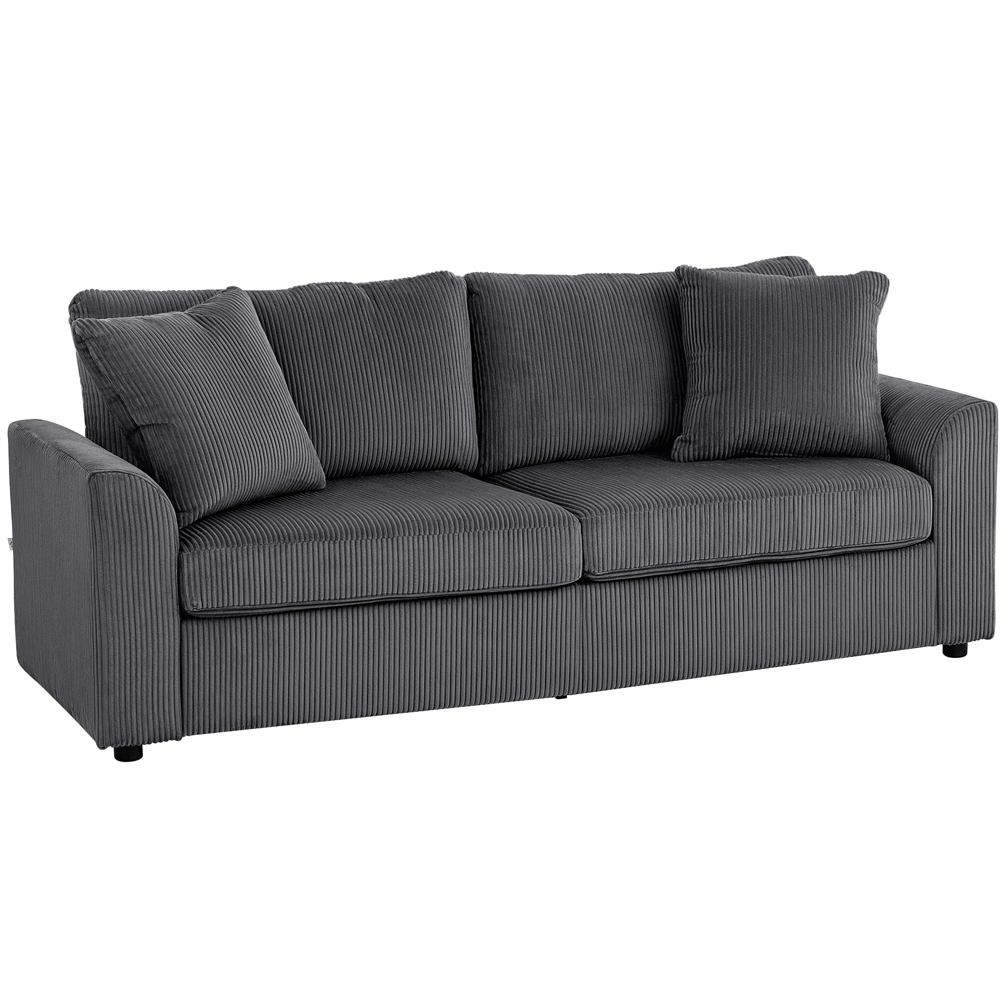 3-Sitzer-Sofa mit Zierkissen, Cordsofa für Wohnzimmer, Schlafzimmer, 212 cm breit, Dunkelgrau