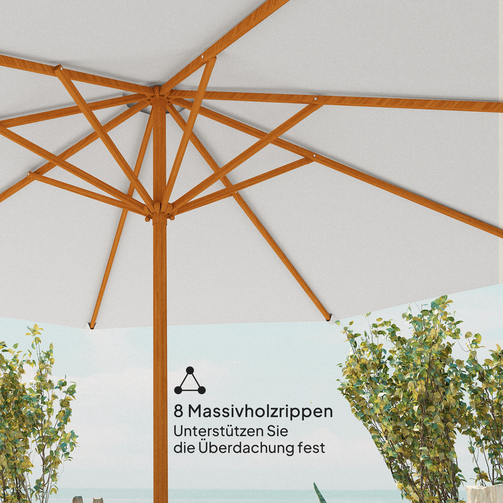 Holz Sonnenschirm Holzschirm Gartenschirm Balkonschirm 2,5m Creme