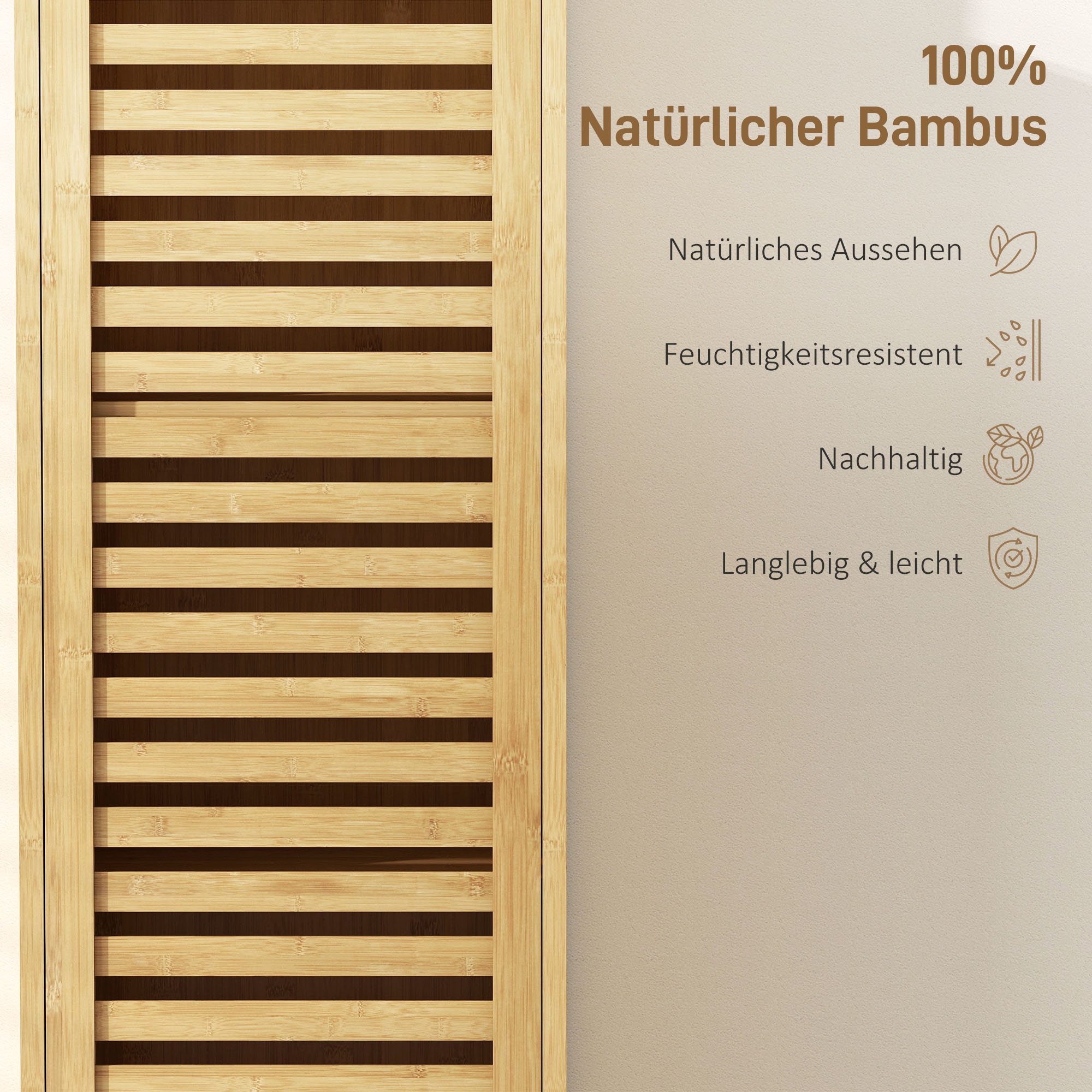 Badezimmerschrank schmal, Hochschrank mit 3 offenen Regalen, verstellbaren Regalen, Lamellentür, 34 x 30 x 170 cm Natur