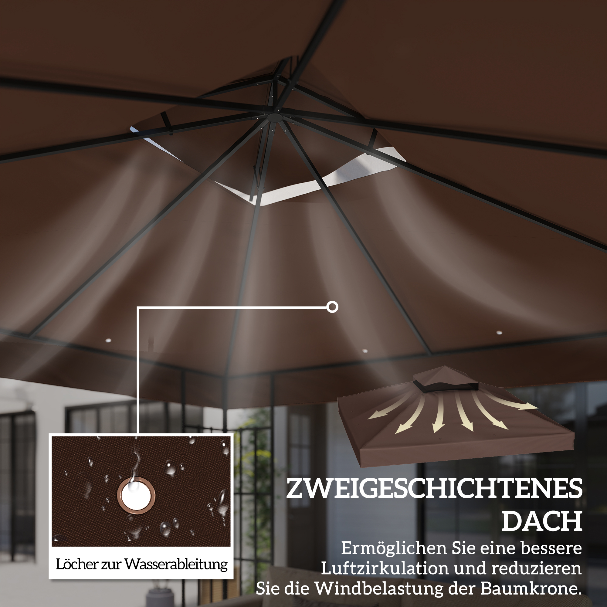 3 x 3 m Ersatzdach für Pavillon, Pavillon-Ersatzplane mit Wasserablauf-Löchern, UPF30+, Sonnenschutz, Kaffee