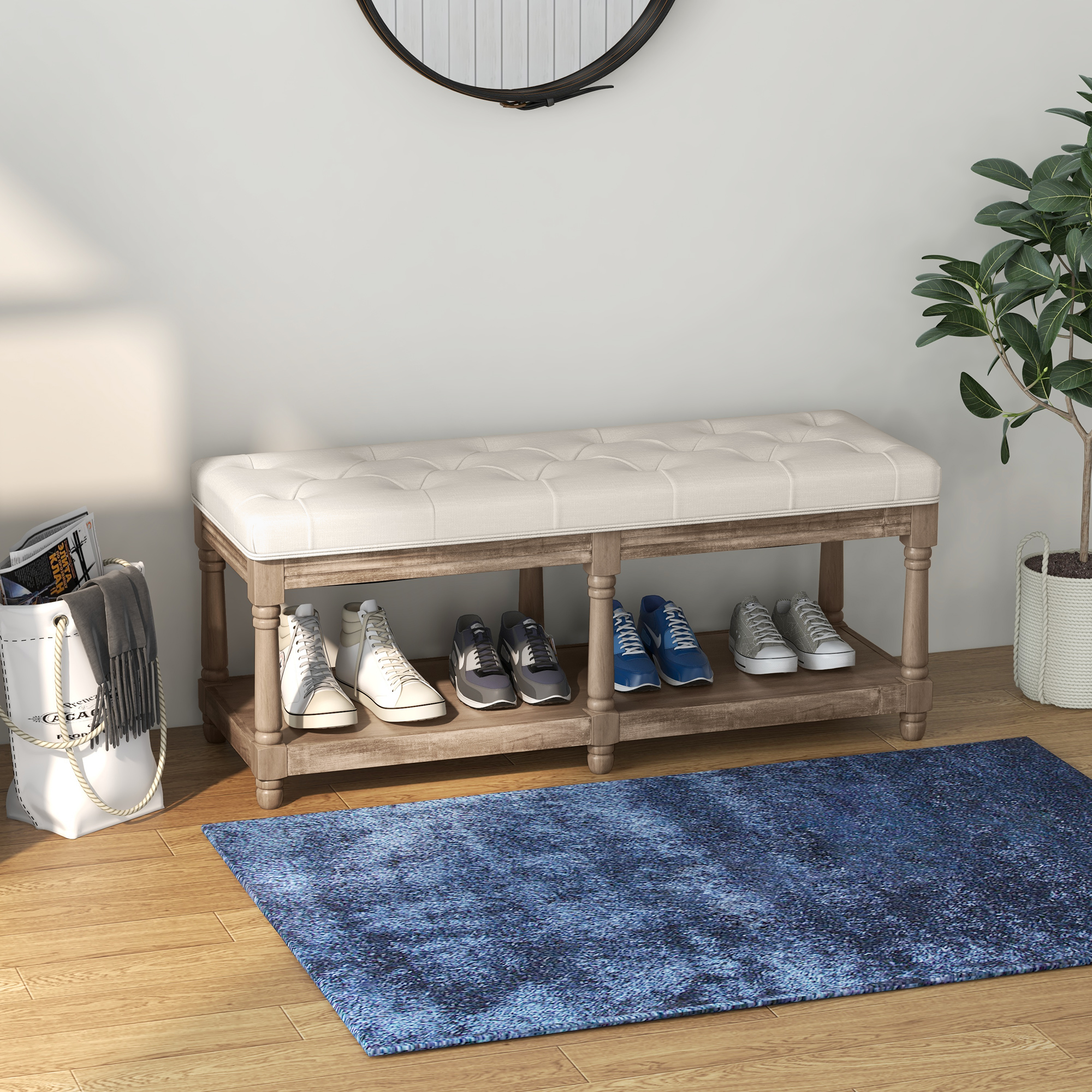 Sitzbank mit Stauraum, Vintage-Design, Knopfheftung, Kautschukbaumholz, 115x40x48cm, Cremeweiß