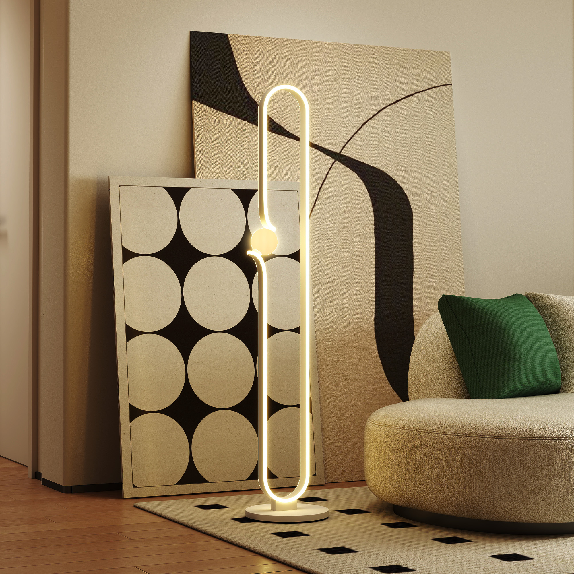 LED-Bodenlampe, Musiknoten-Design, Glasschirm, Metall, Kunststoff, Weiß