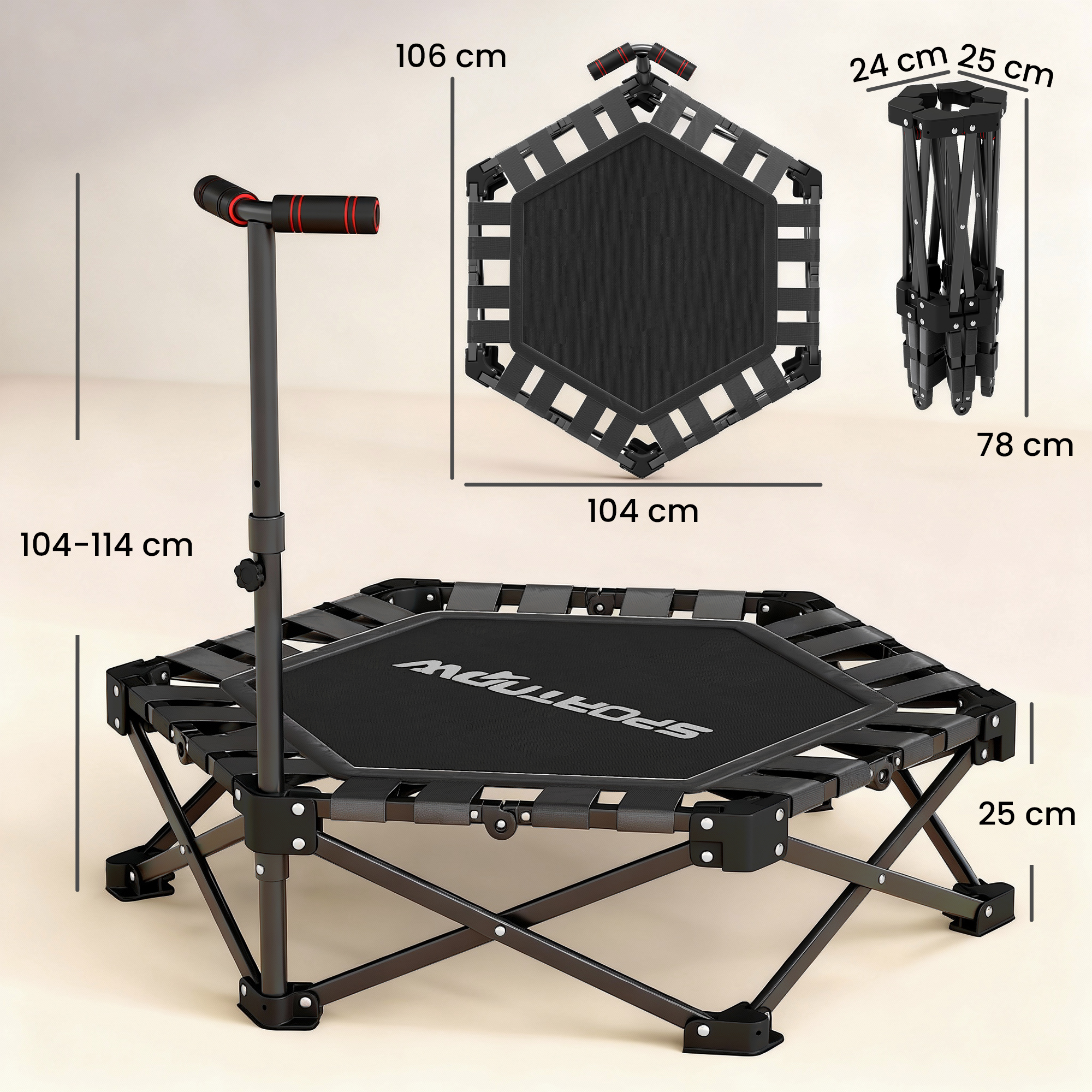 Fitness-Trampolin mit verstellbarem T-Griff, faltbar, Tragetasche, 120 kg Belastbarkeit, Stahl, Kunststoff, Schwarz