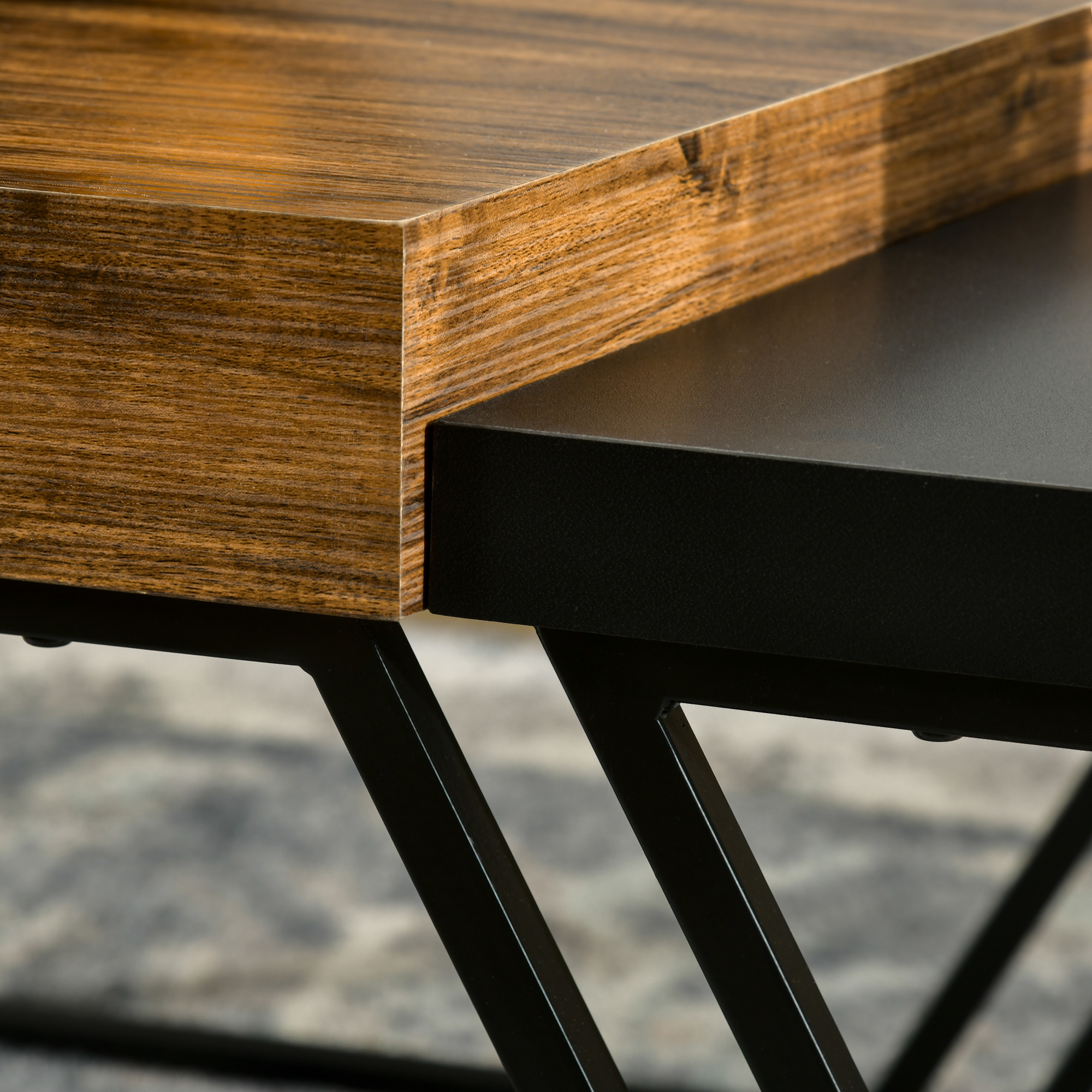 Couchtisch-Set, 2 Beistelltische, Industrial Design, Stahlrahmen, Holz/Schwarz
