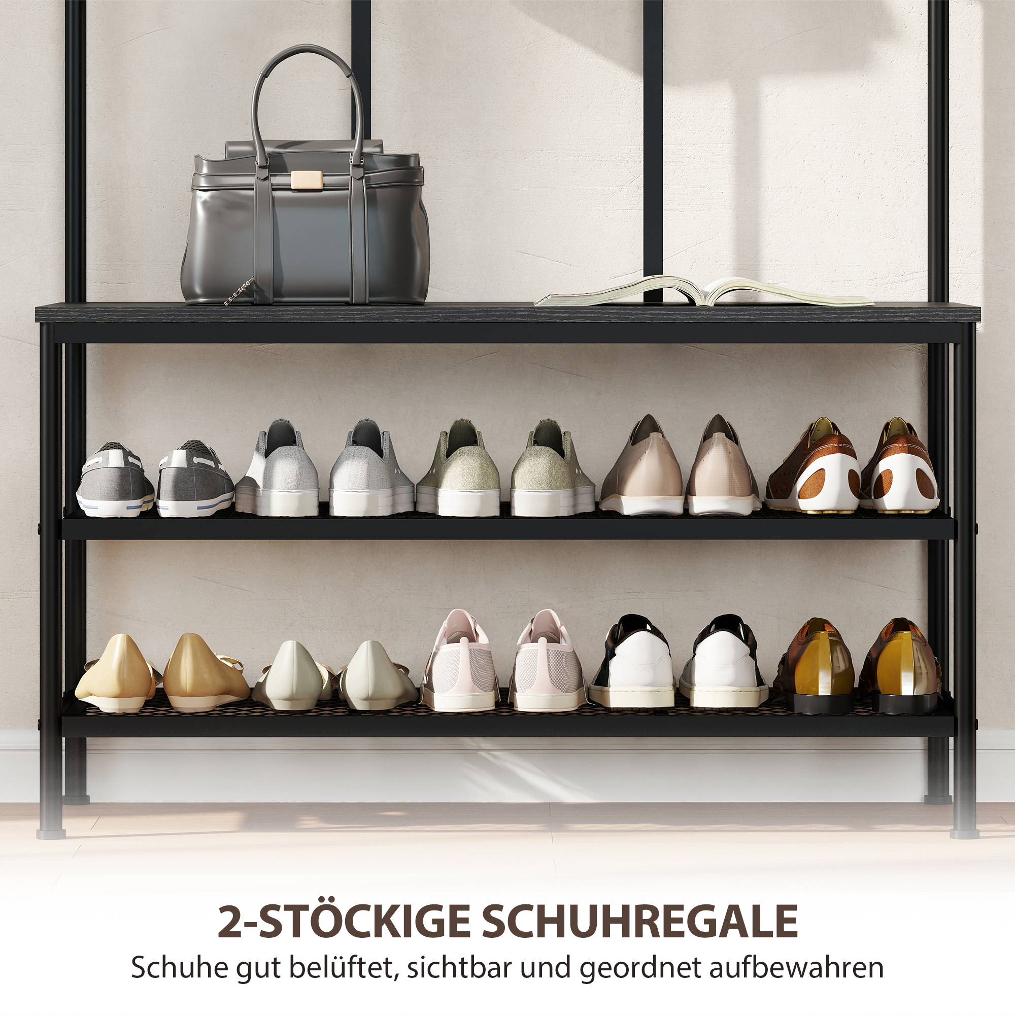 3-in-1 Garderobenständer, Kleiderhaken, Sitzbank, Schuhregal, Metall, Spanplatte, Schwarz