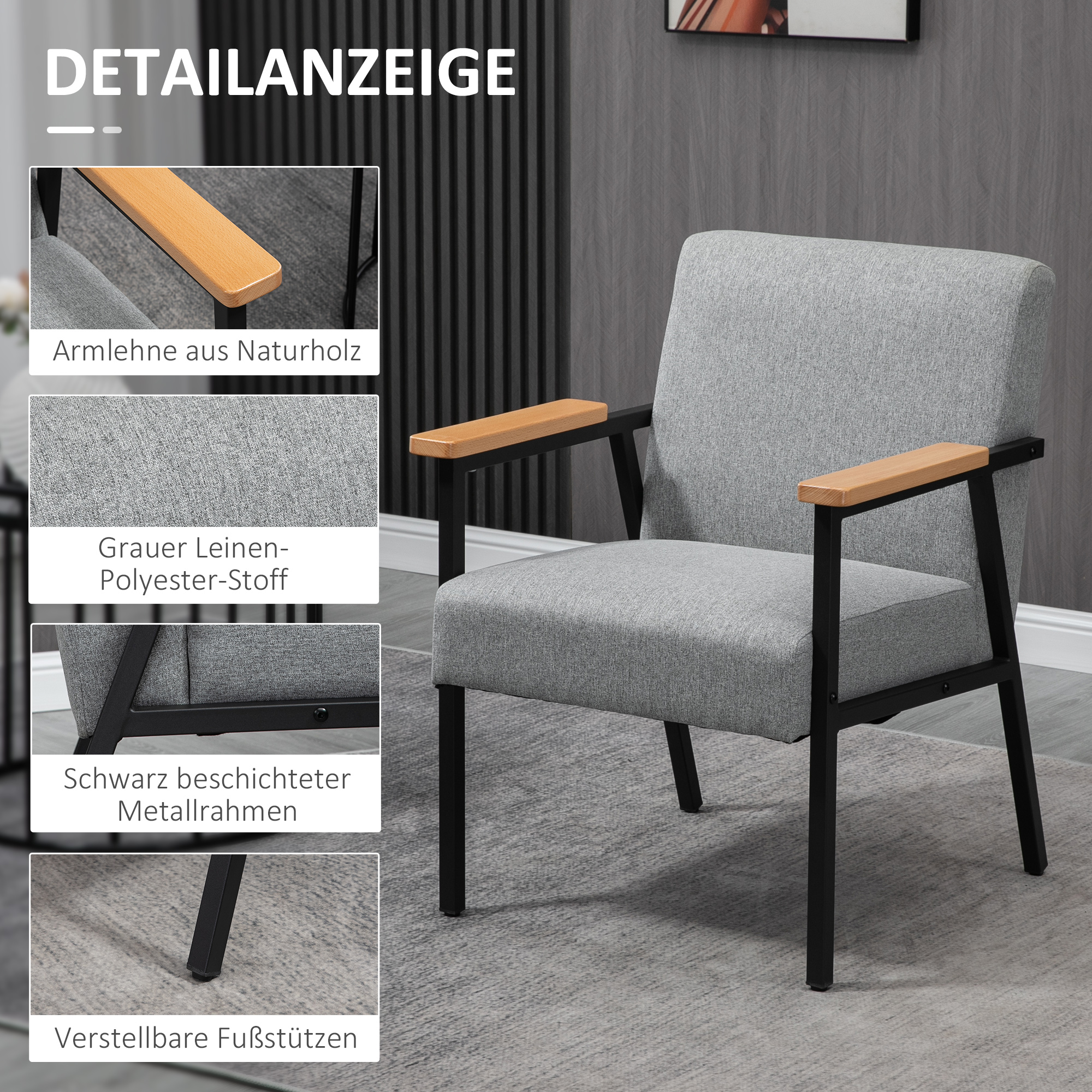 Akzentsessel im Skandidesign, Ruhesessel ,Akzentstuhl, Leinenoptik, Kautschukholz, Grau + Schwarz + Braun