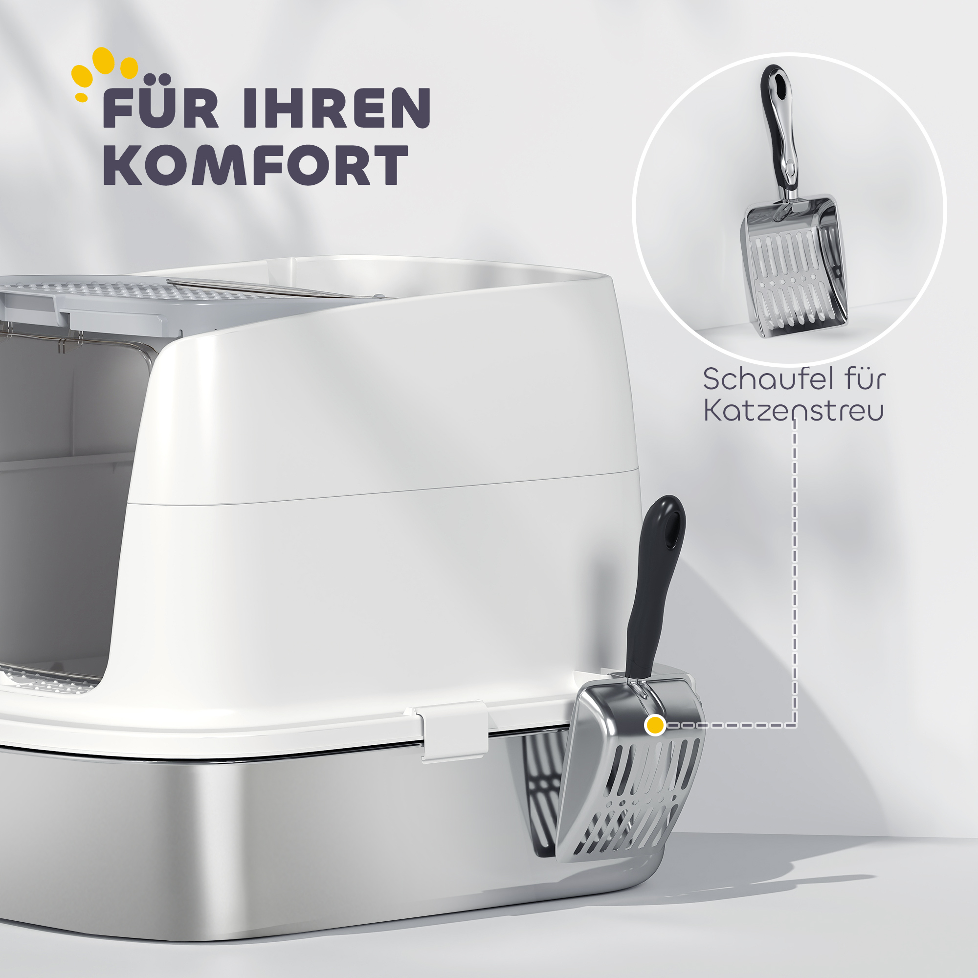 Katzentoilette Edelstahl, geschlossene Katzentoilette mit Schaufel, Geruchsbeutel, Einstieg Ausgang